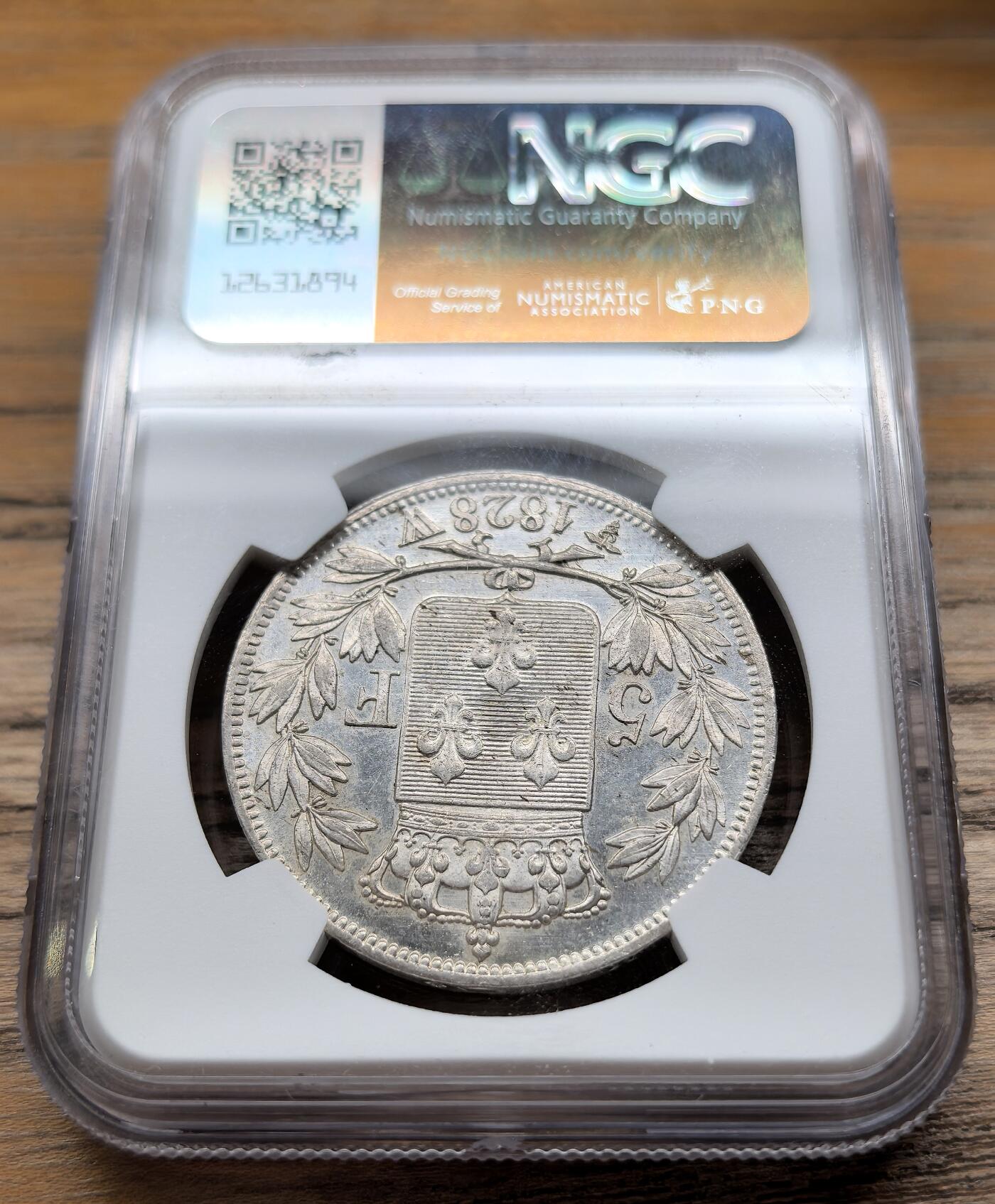 凡希社世界钱币微拍第二百九十五期 1828W法国查理十世5法郎大银NGC-MS61，里尔厂，银光充沛的未流通品相！
