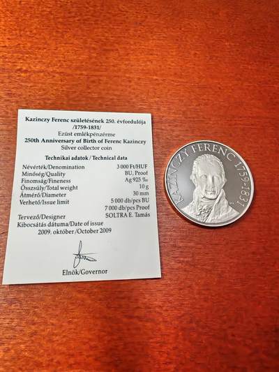 长老汇马年精选第十二场拍卖 - 2009匈牙利现代匈牙利语之父费伦茨3000弗林特精制银币，带证书，7000枚