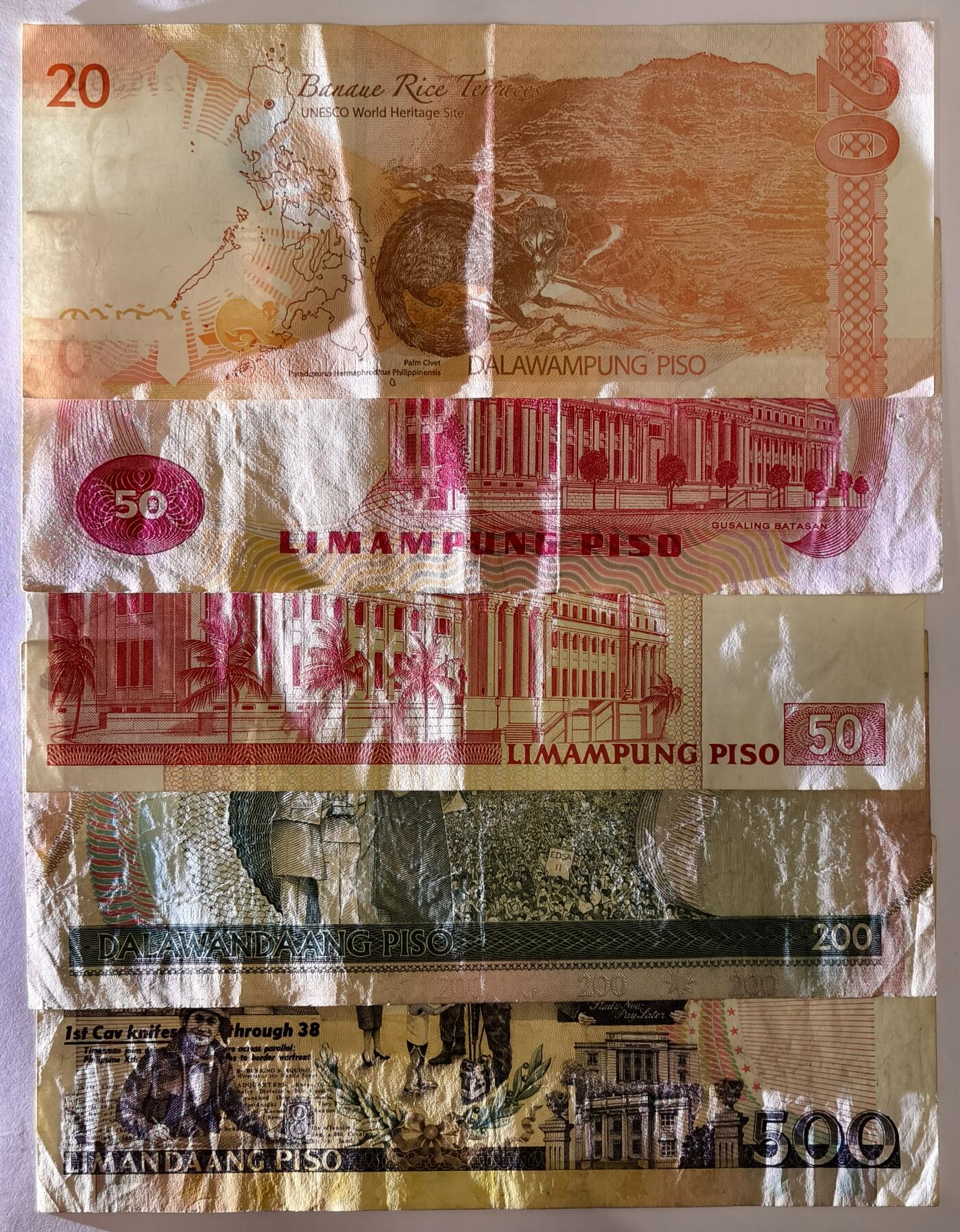 紫瑗钱币——第491——纸币场 菲律宾 20、50、50、200、500比索 共5张 流通品