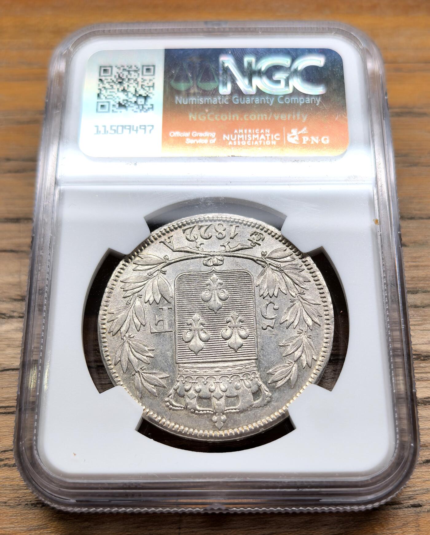 凡希社世界钱币微拍第二百九十五期 1822A法国路易十八5法郎大银NGC-AU55，黄光柔彩，性价比高。
