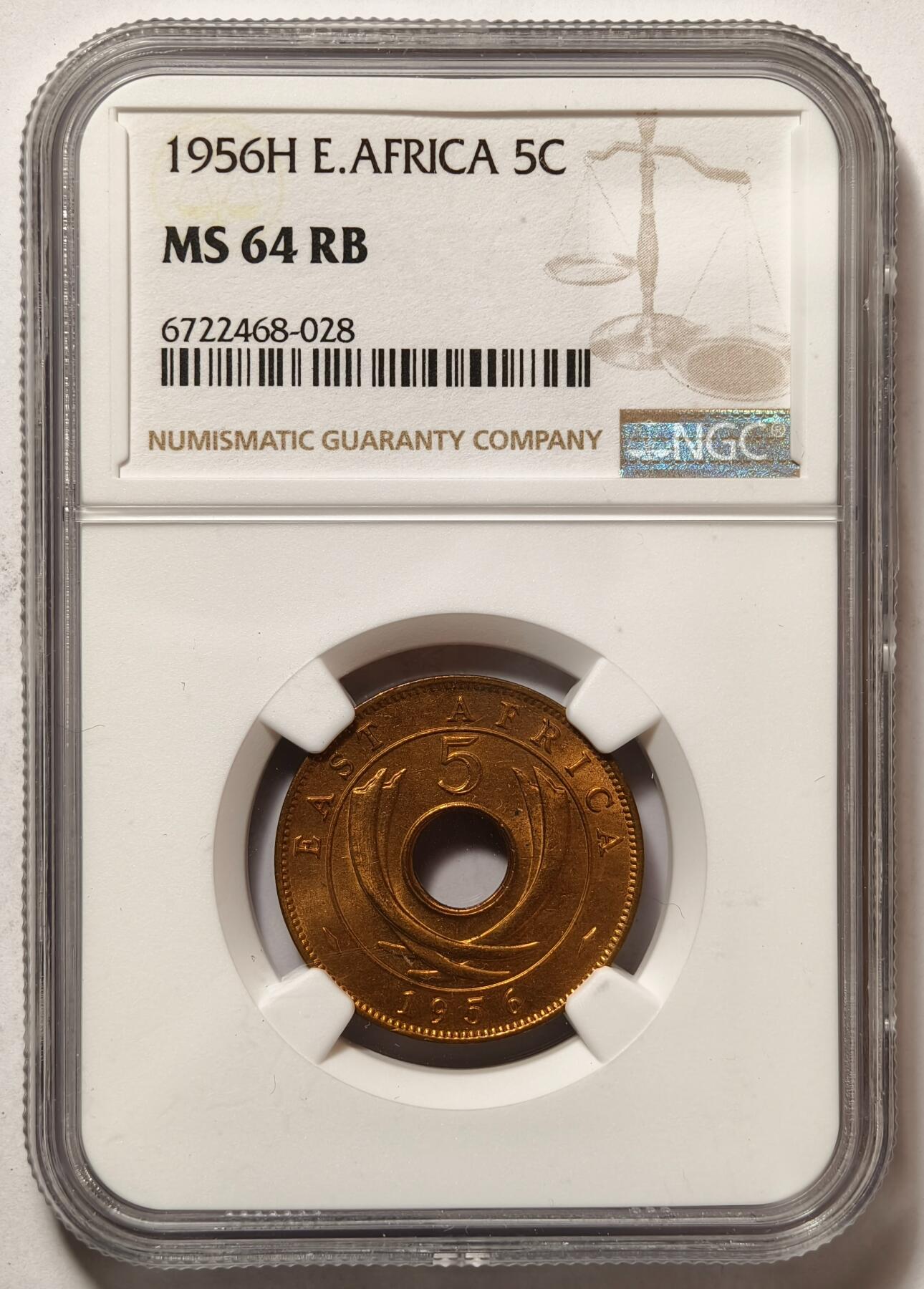 紫瑗钱币——第490期 英属东非 1956年 H版 伊丽莎白二世 5分 红铜币 NGC MS64 RB