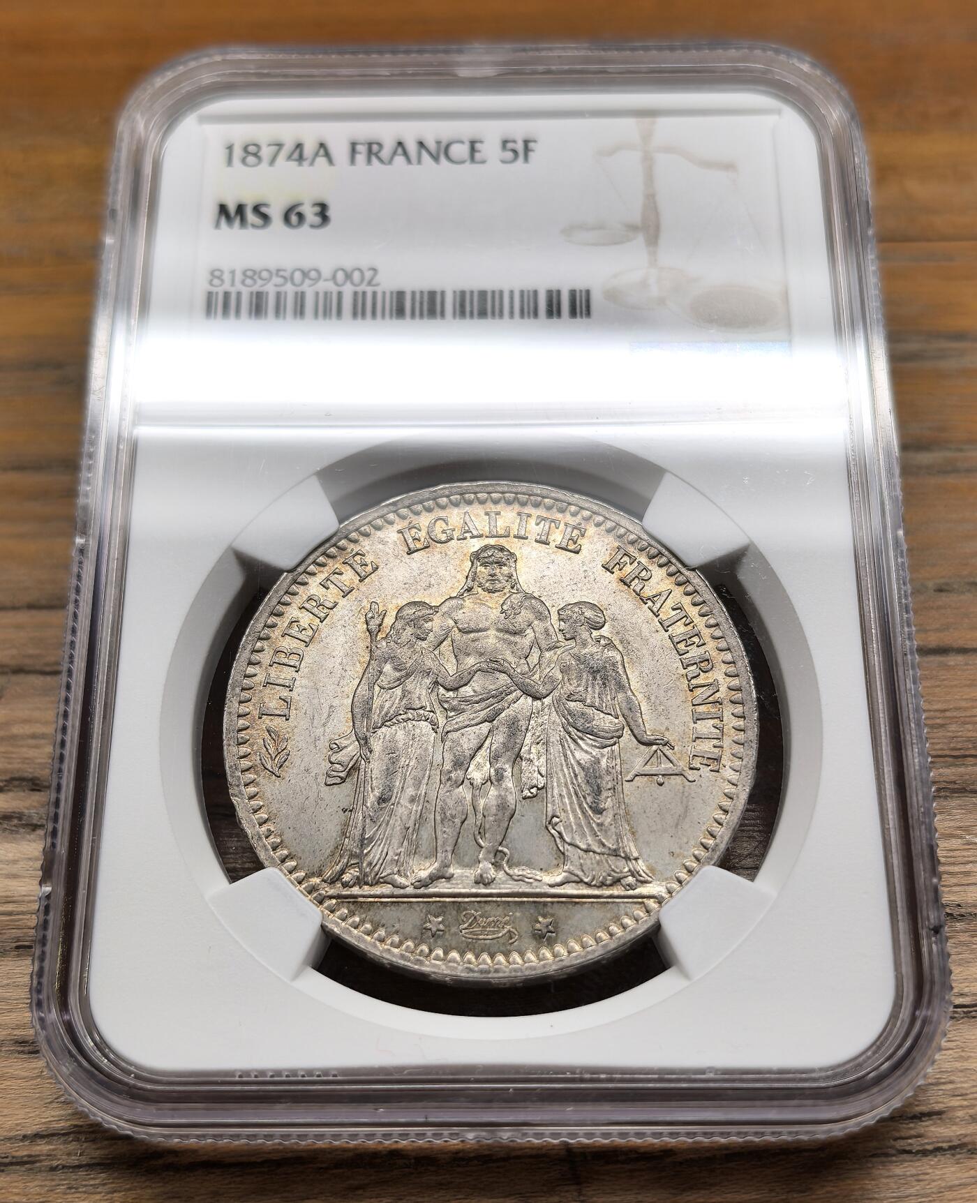 凡希社世界钱币微拍第二百九十五期 1874A法国大力神5法郎大银NGC-MS63，黄光淡彩。