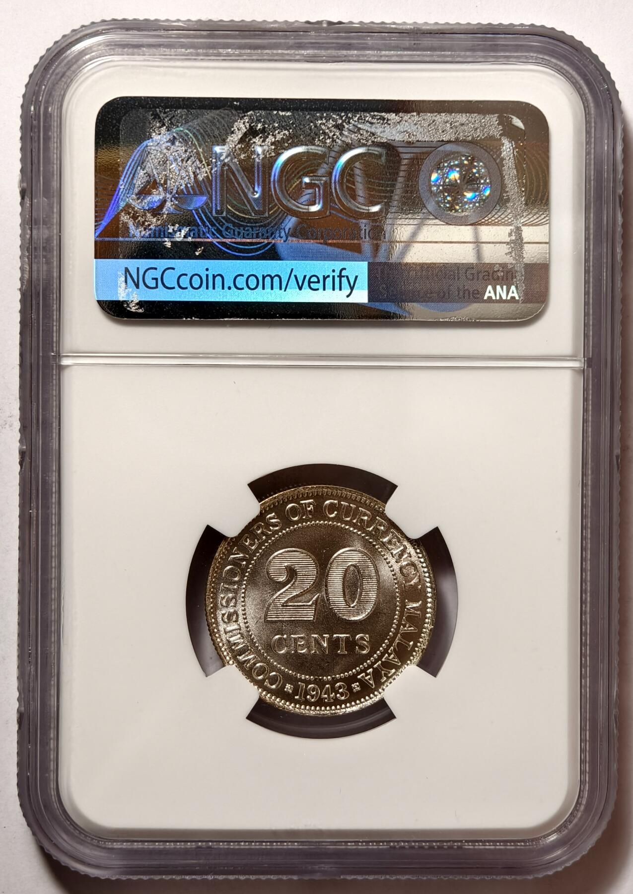 紫瑗钱币——第490期 马来亚 1943年 乔治六世 20分 银币 NGC MS64
