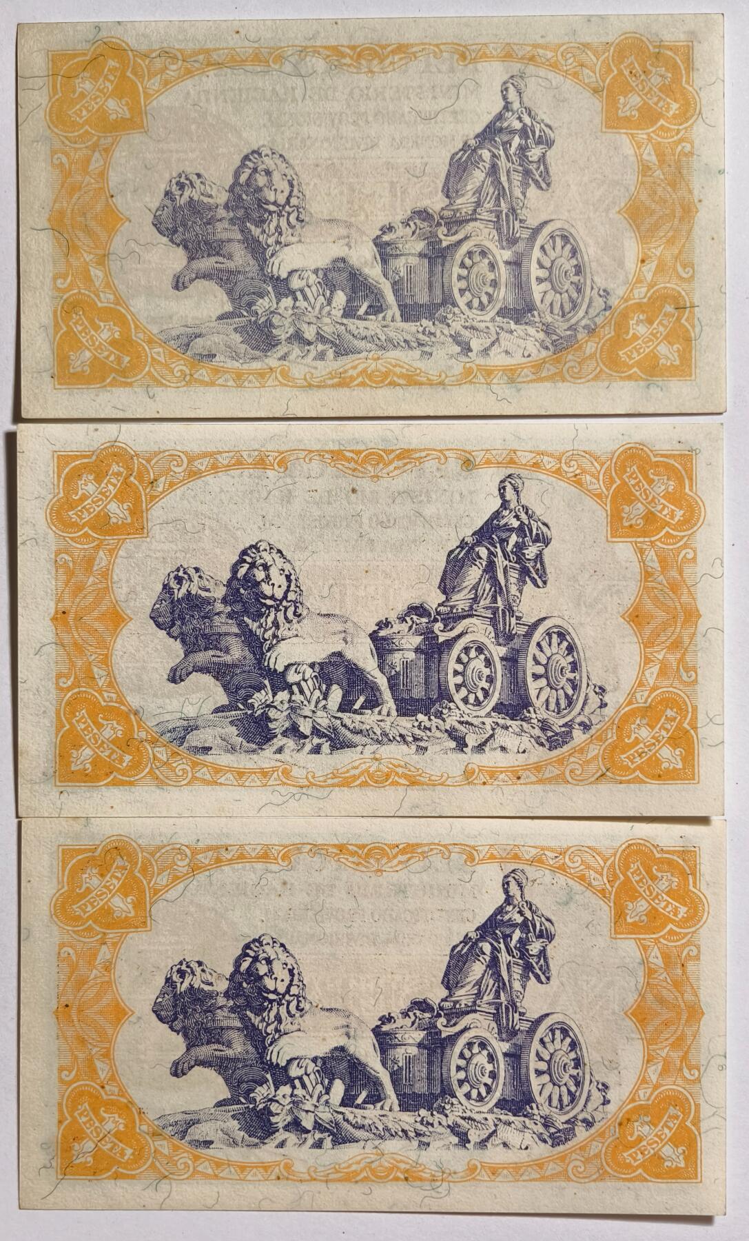 紫瑗钱币——第519期——纸币场 西班牙 1937年 临时分区货币  1比塞塔 共3张 UNC
