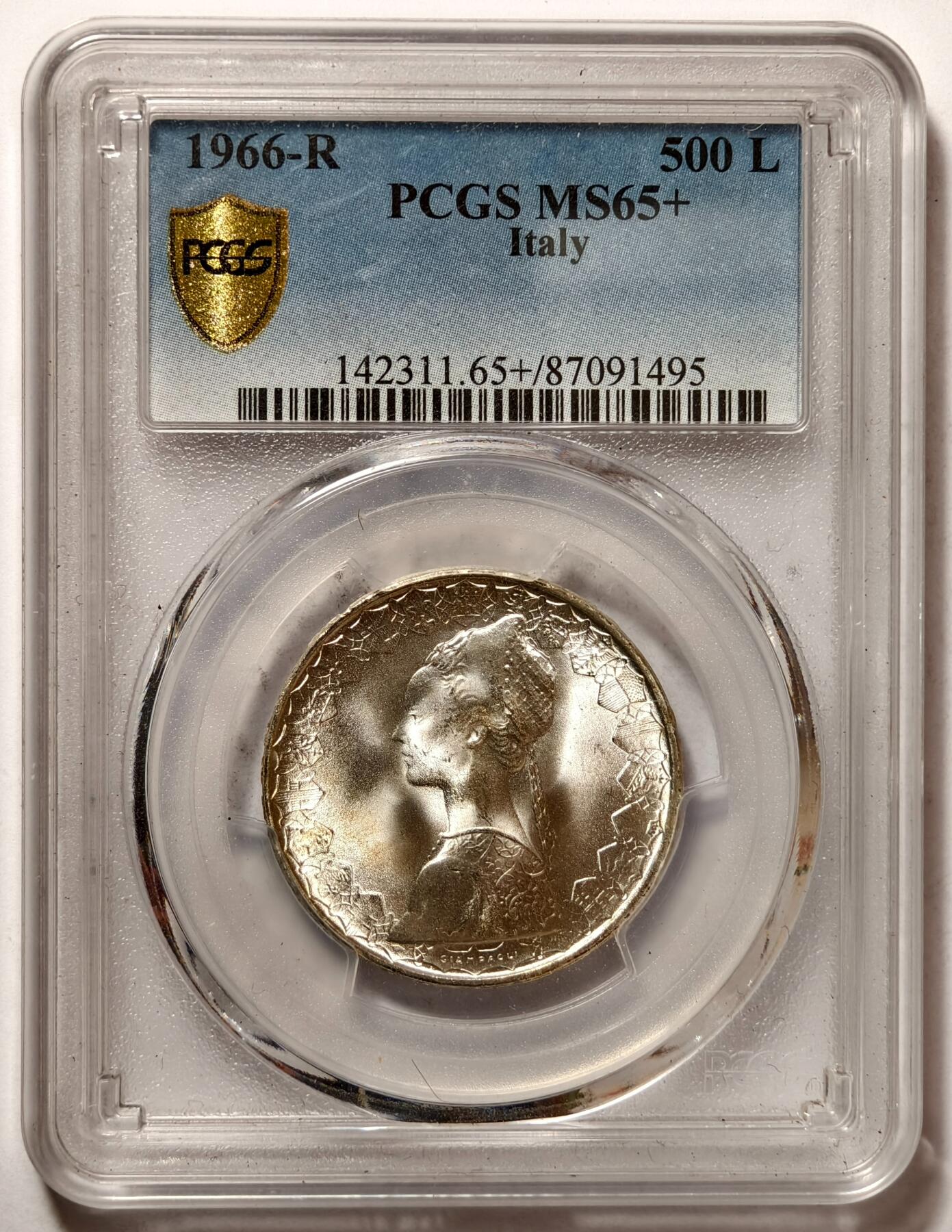 紫瑗钱币——第490期 意大利 1966年 R版 少女与帆船 500里拉 银币 PCGS MS65＋