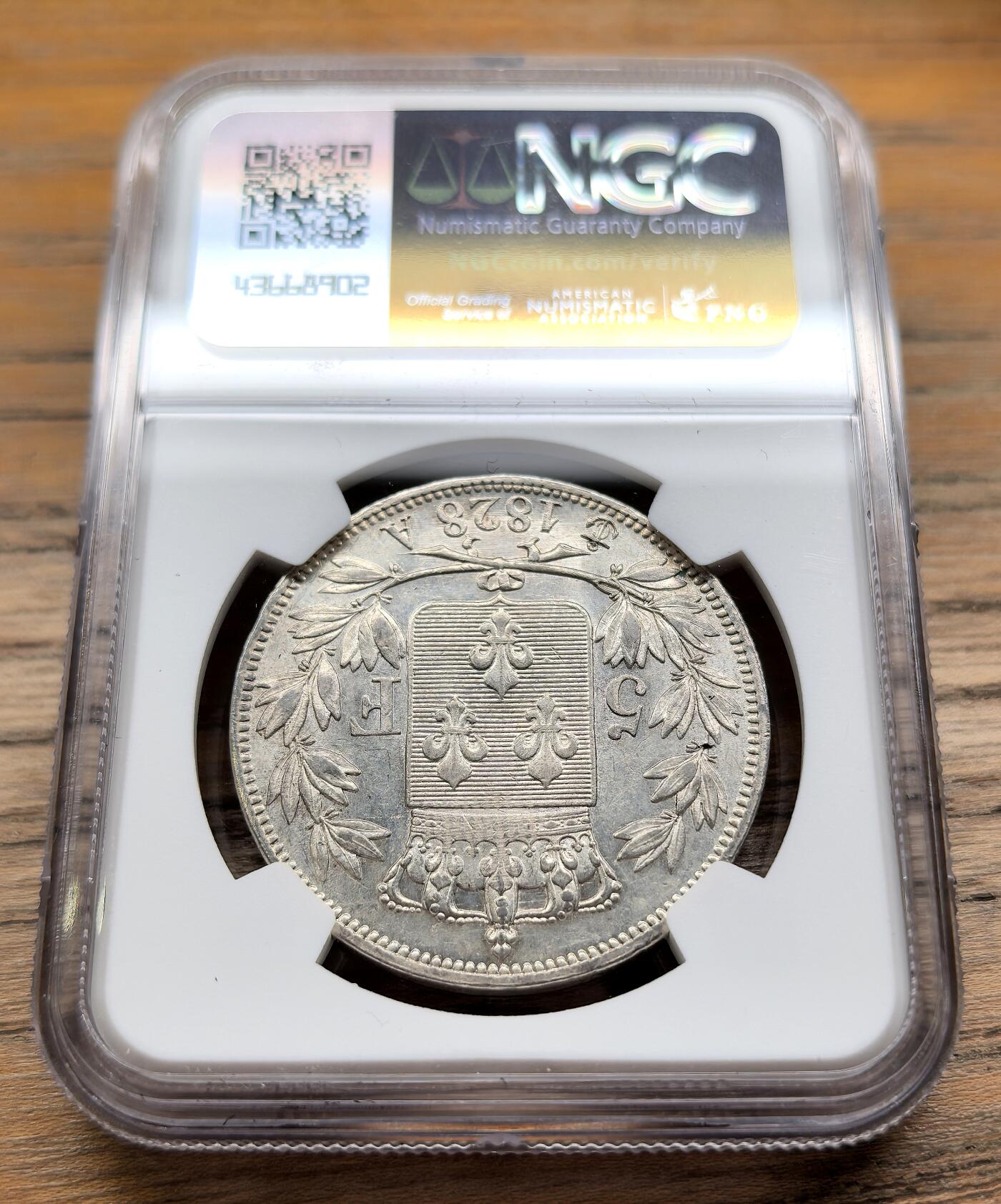 凡希社世界钱币微拍第二百九十五期 1828A法国查理十世5法郎大银NGC-AU58