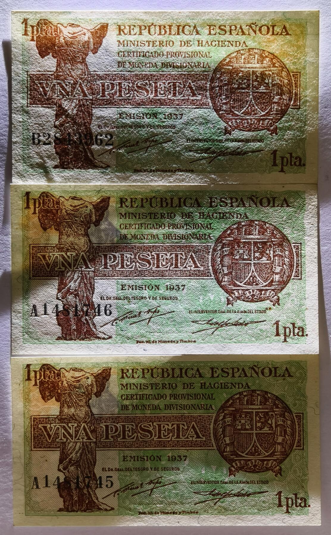 紫瑗钱币——第519期——纸币场 西班牙 1937年 临时分区货币  1比塞塔 共3张 UNC