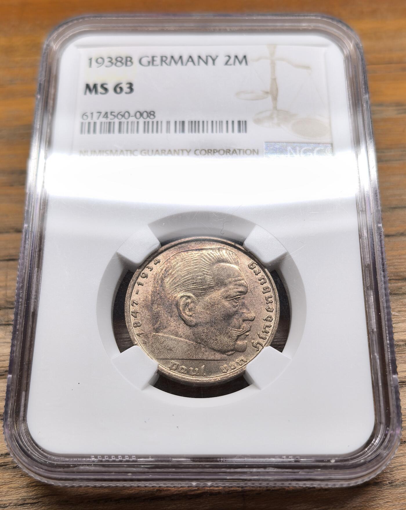 凡希社世界钱币微拍第二百九十五期 1938B德国兴登堡万字2马克NGC-MS63