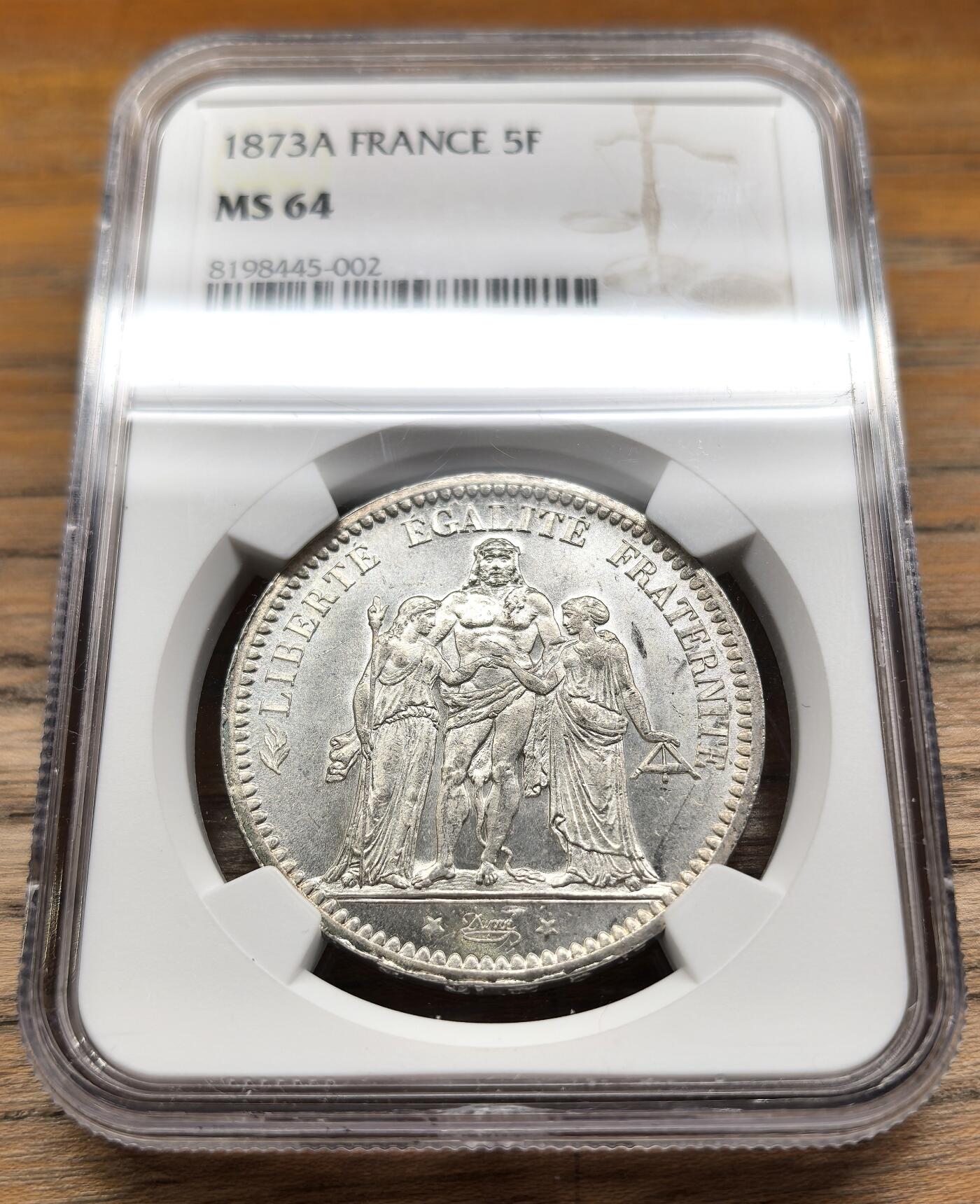 凡希社世界钱币微拍第二百九十五期 1873A法国大力神5法郎大银NGC-MS64