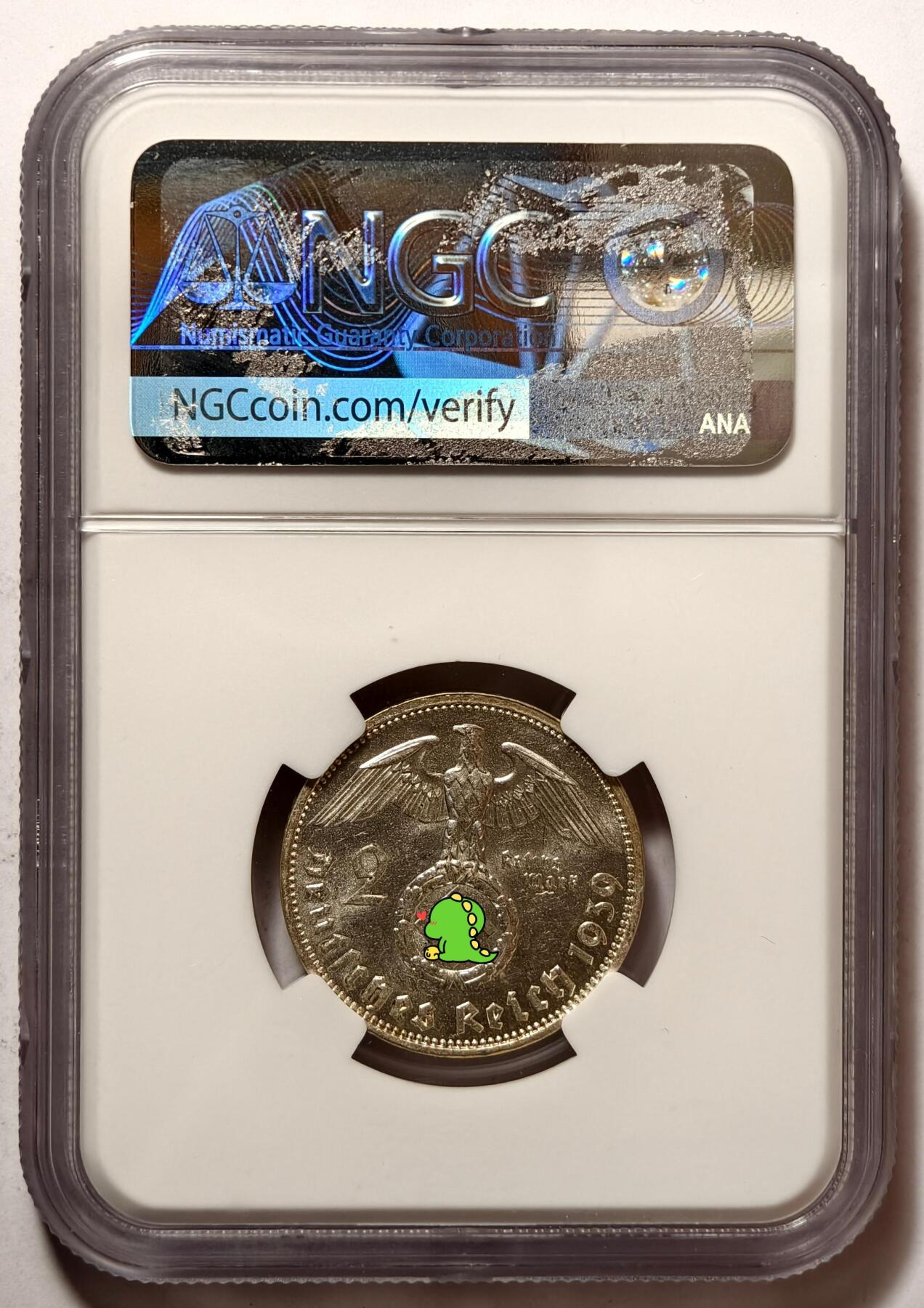 紫瑗钱币——第492期 德国 1939年 A版 兴登堡 字符 2马克 银币 NGC MS62