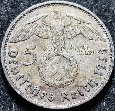 文馨钱币收藏第 212 场，英系老铜币场 - 1938 年德国兴登堡 5 马克银币 E 标