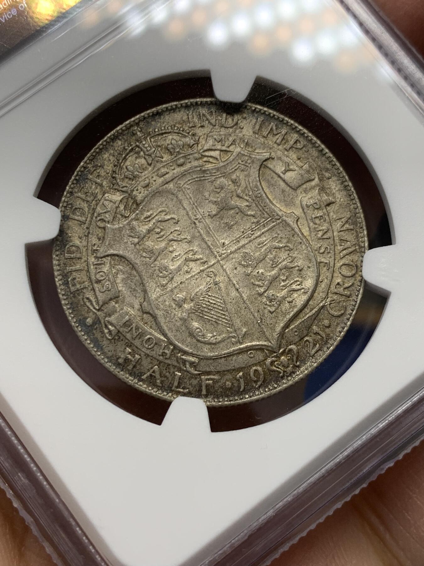 《竞宝斋》第347场 周日，周一，周二  3场连拍 （全场包邮） NGC MS62 英国1921年乔五半克朗银币，重口味包浆，味道好