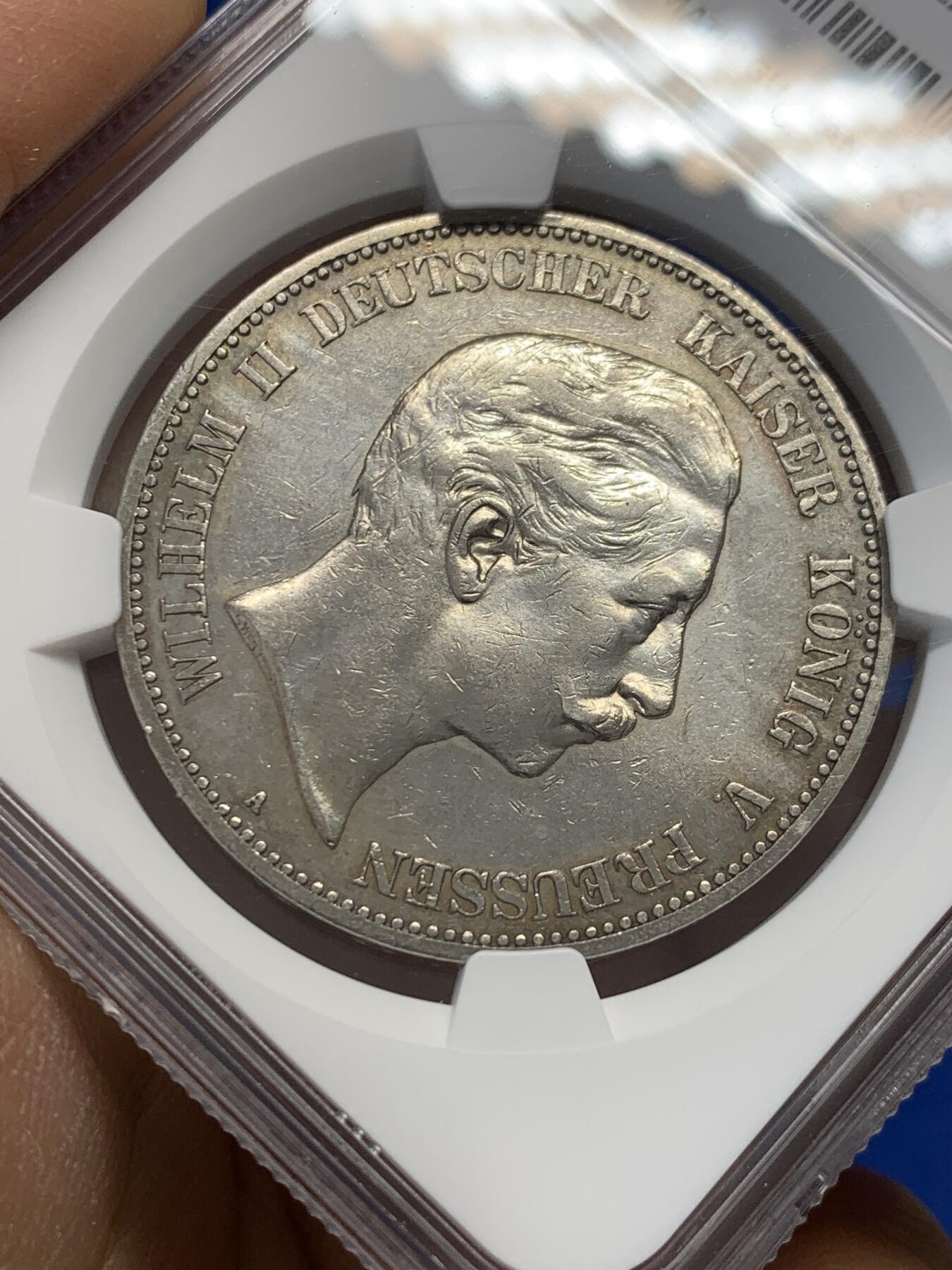 《竞宝斋》第347场 周日，周一，周二  3场连拍 （全场包邮） NGC AUD 德国1907年普鲁士威廉二世5马克银币 底光好 细节好