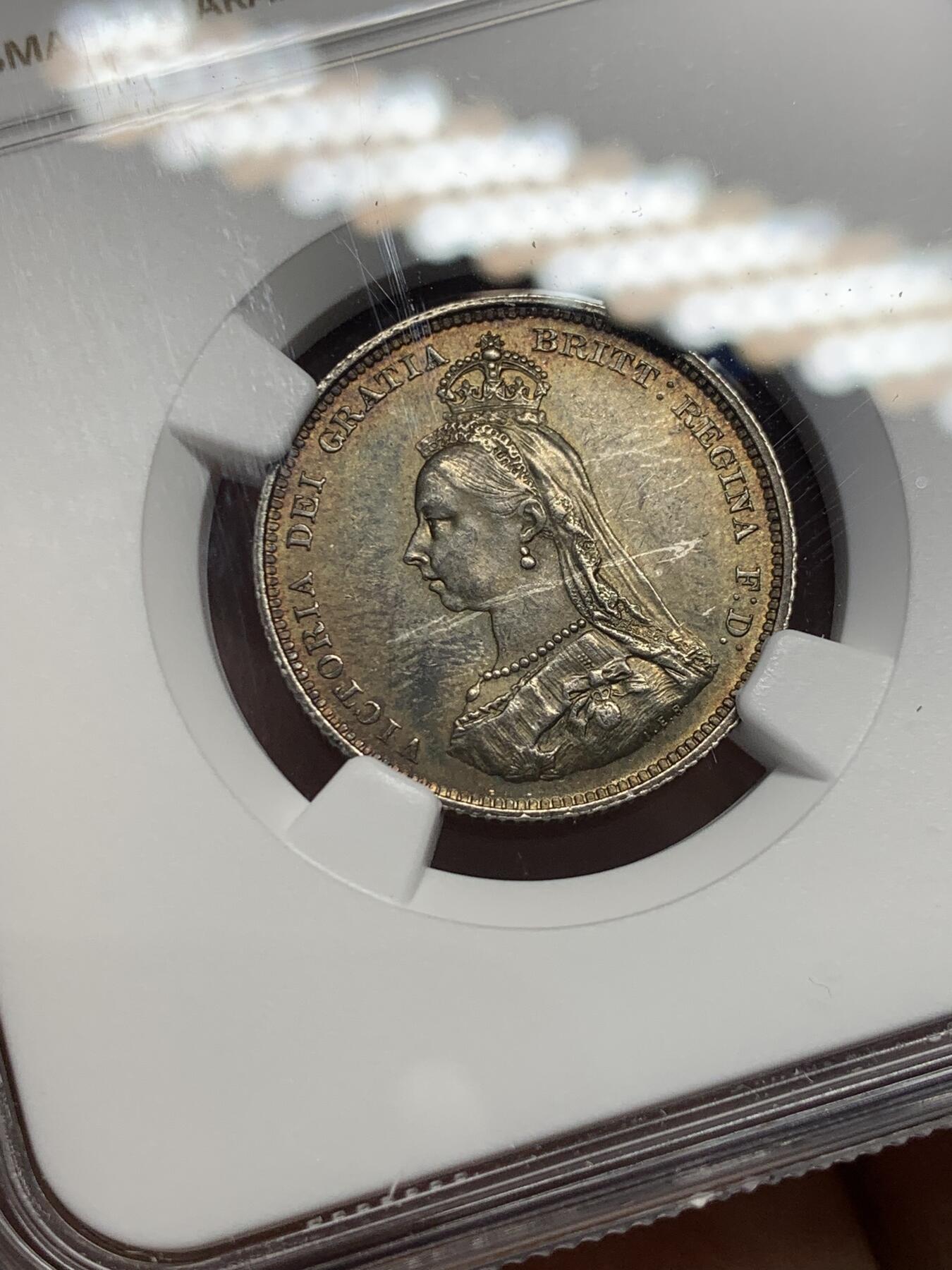 《竞宝斋》第347场 周日，周一，周二  3场连拍 （全场包邮） NGC MS62 英国1887年维多利亚高冠1先令银币