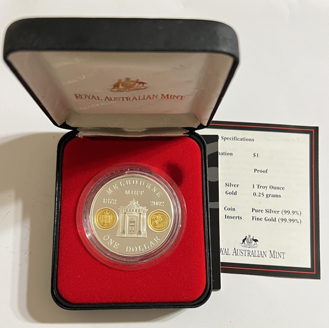 S&S Numismatic世界钱币-拍卖 第114期  澳大利亚2002年 墨尔本铸币局130周年 1澳元镶金精制银币 盒证齐全，31.1克999银+0.25克999金