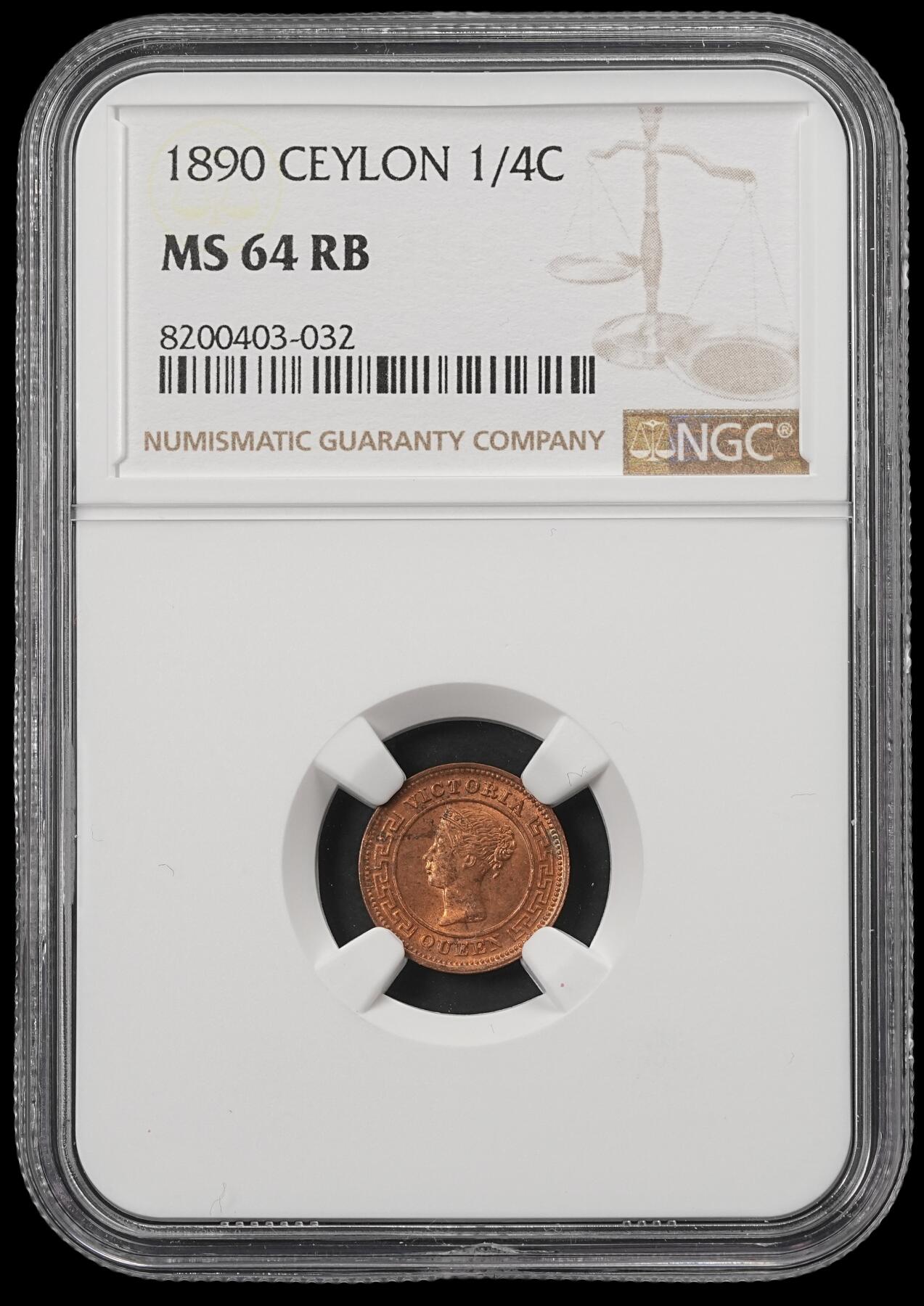 修遠堂世界钱币第五十五期 全场包邮 NGC MS64RB 1890年英属锡兰1/4分铜币
