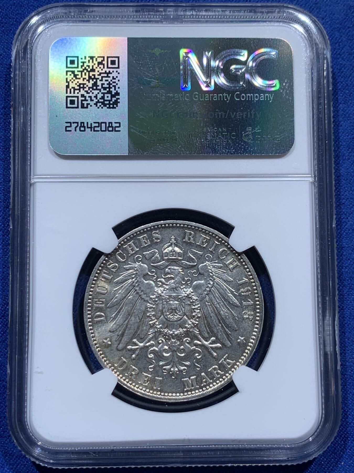 《竞宝斋》第347场 周日，周一，周二  3场连拍 （全场包邮） NGC UNCD 德国1913年萨克森莱比锡建功碑3马克银币 光度好