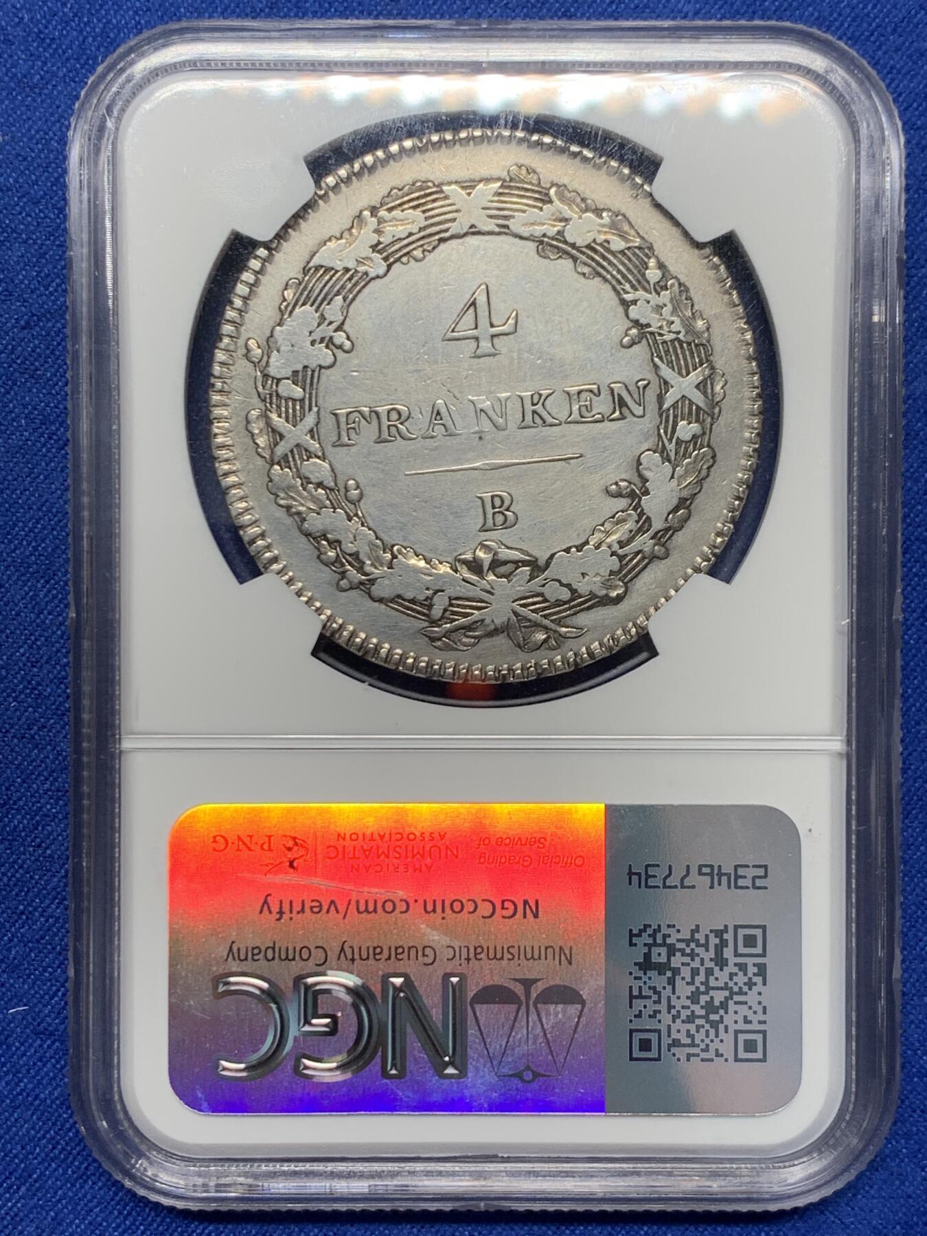 《竞宝斋》第347场 周日，周一，周二  3场连拍 （全场包邮） NGC VF 瑞士 1801 海尔维蒂共和国（瑞士的前身） 4法郎大银币 稀少品种