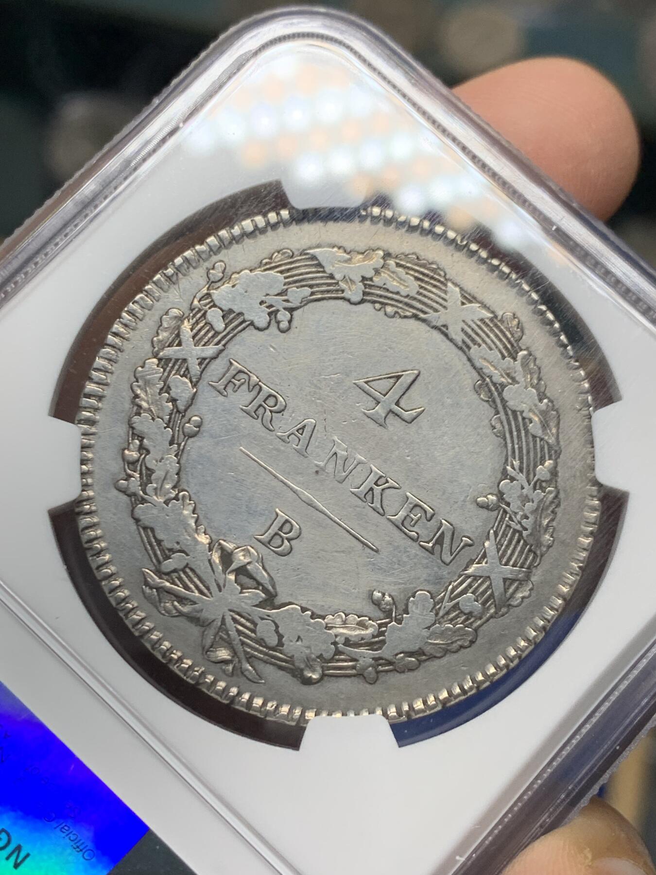 《竞宝斋》第347场 周日，周一，周二  3场连拍 （全场包邮） NGC VF 瑞士 1801 海尔维蒂共和国（瑞士的前身） 4法郎大银币 稀少品种