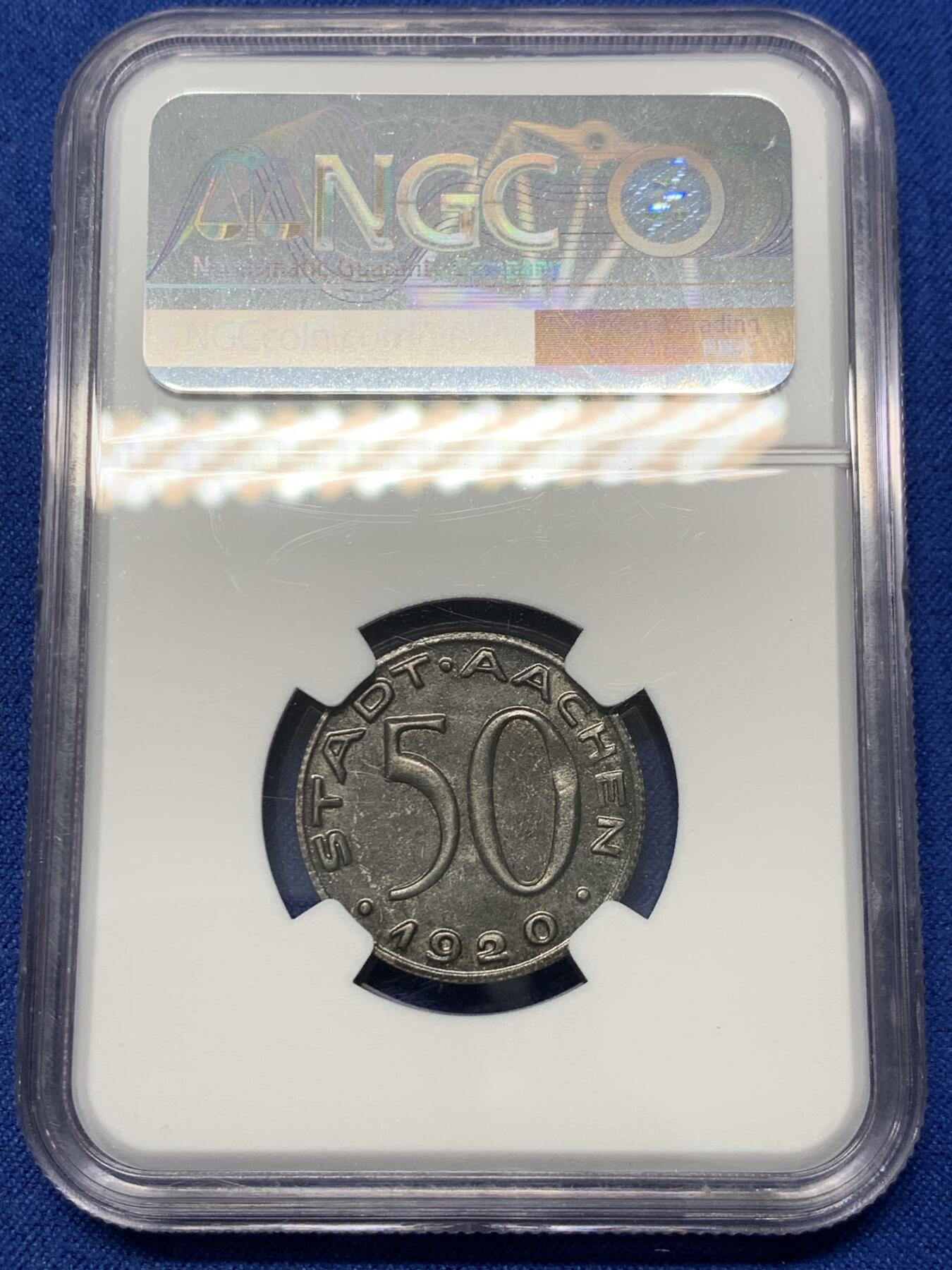 《竞宝斋》第347场 周日，周一，周二  3场连拍 （全场包邮） NGC MS63 德国德紧名品 1920 亚琛 鹰嘴铁币 50芬妮 铁币好品少见  细节深邃
