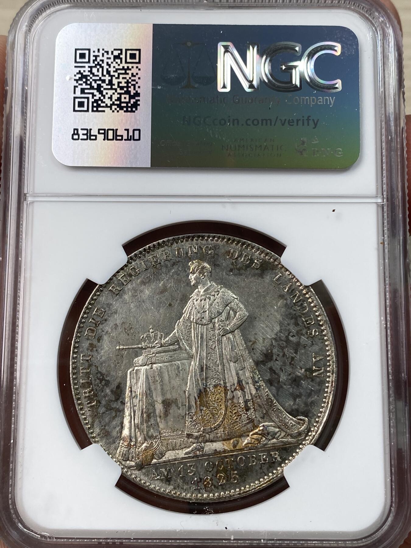 万国钱币拍卖第041期 NGC MS61 1825年德国巴伐利亚路德维希一世加冕纪念历史大泰勒 历史泰勒系列开山之作 彩光原味全深打 德系历史泰勒名品