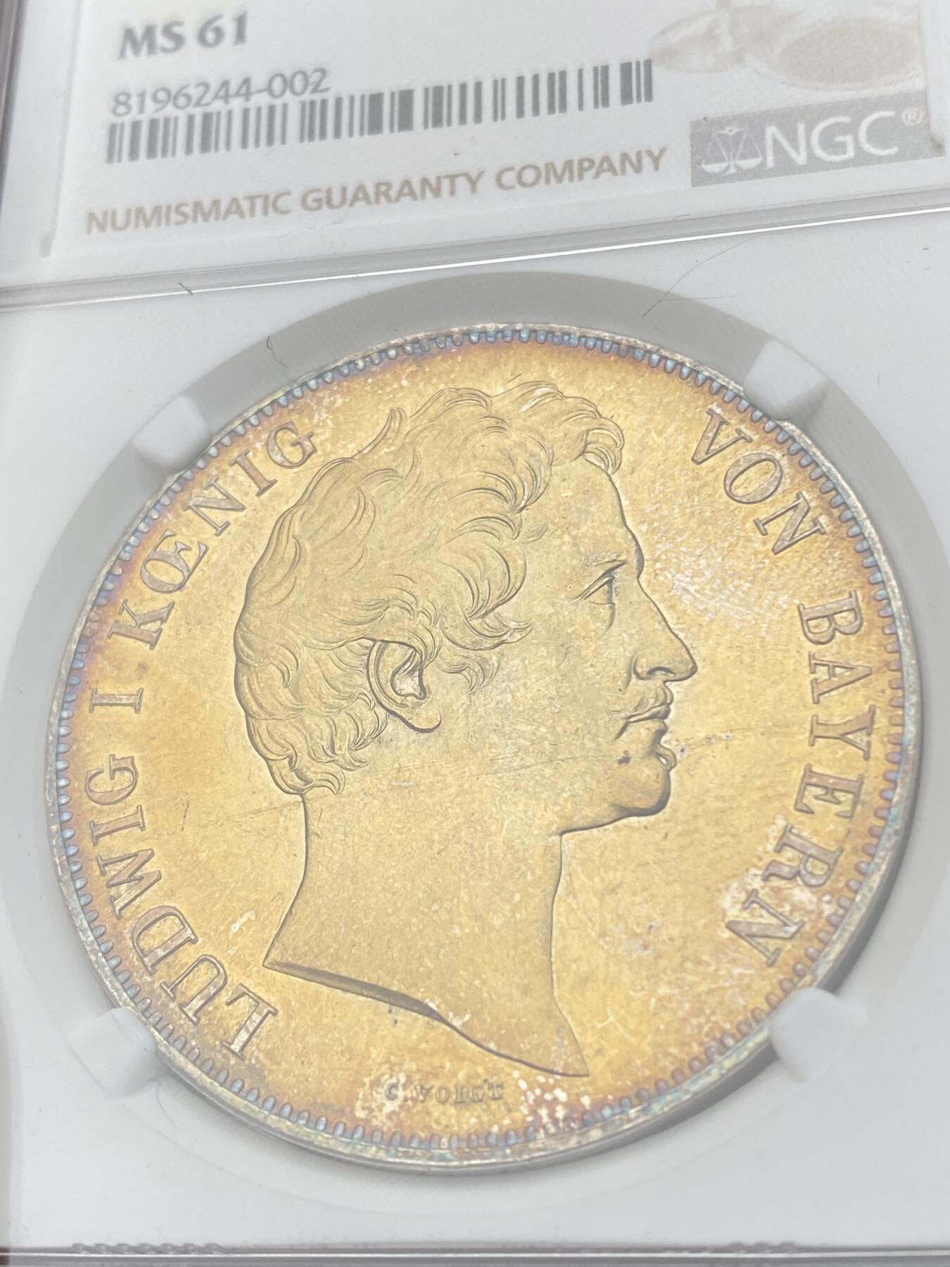万国钱币拍卖第041期 NGC MS61 1843年德国巴伐利亚路德维希一世双狮流通2泰勒 比马二双狮难度大很多的品种 双面金彩 MS相当不易