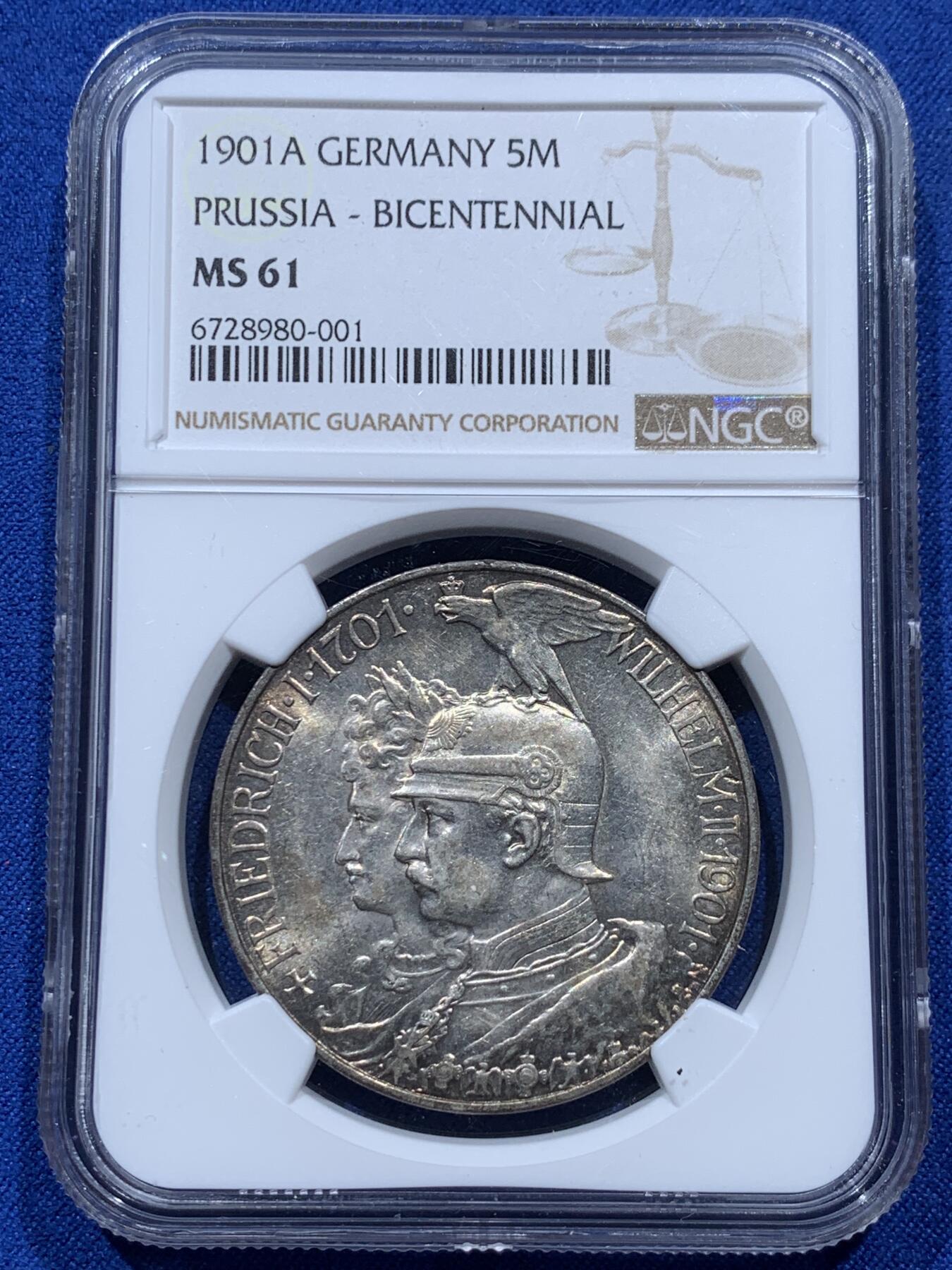 《竞宝斋》第347场 周日，周一，周二  3场连拍 （全场包邮） NGC MS61 德国 1901年A 建国 5马克 银币 底板转光，双面原味包浆，低评。
