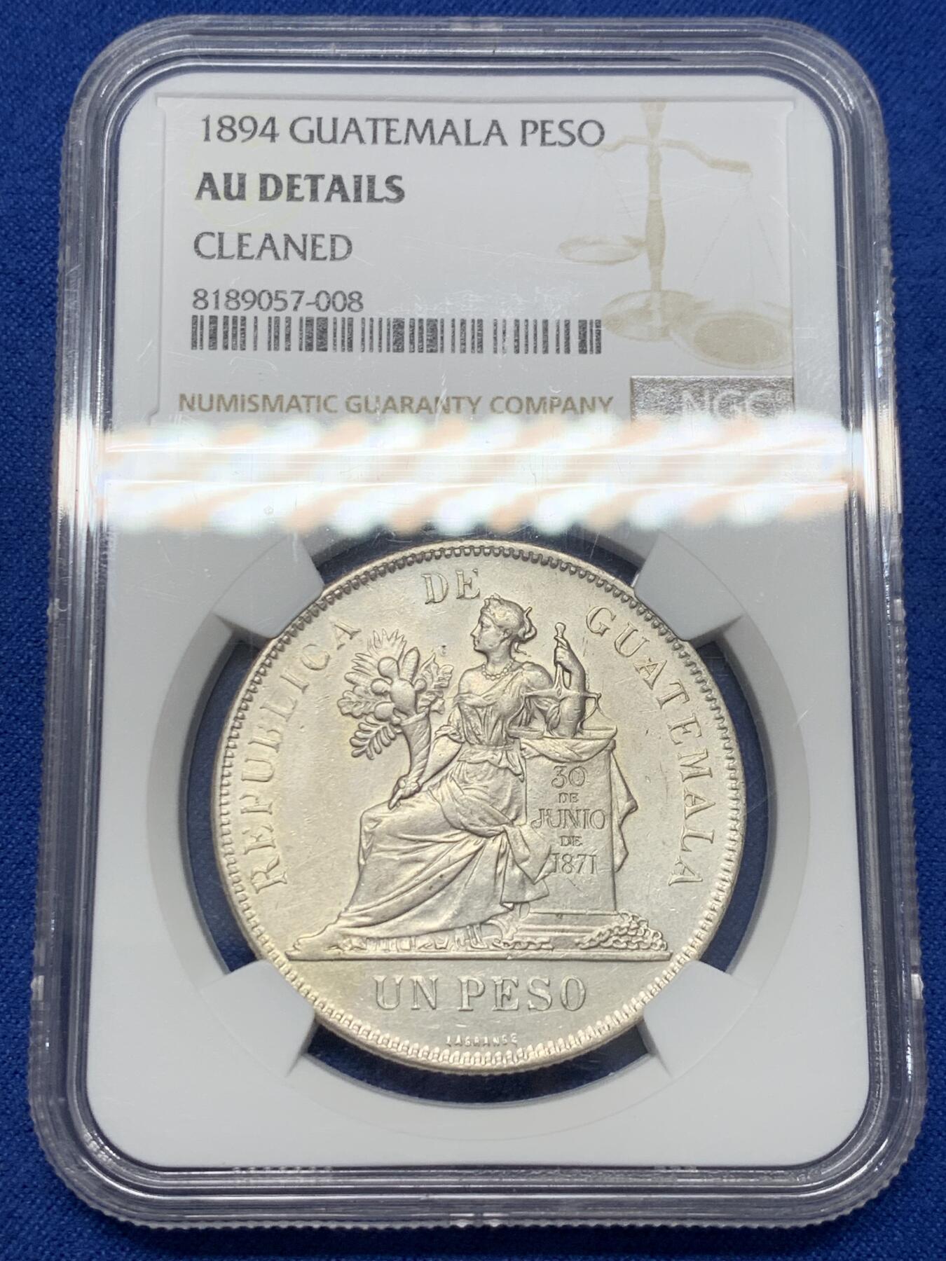 《竞宝斋》第347场 周日，周一，周二  3场连拍 （全场包邮） NGC AUD 危地马拉1894年坐人拿花一比索 状态不错