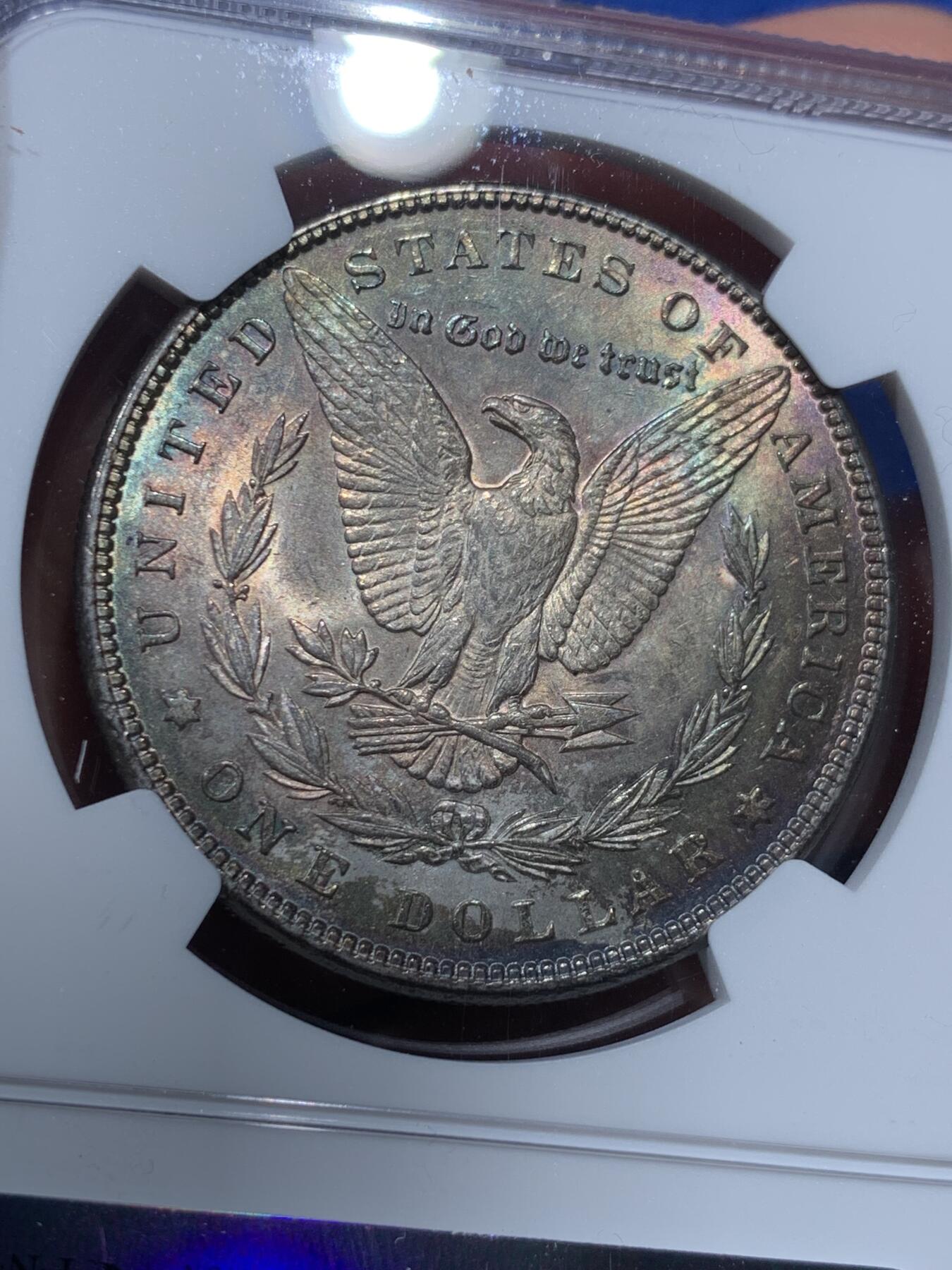 《竞宝斋》第347场 周日，周一，周二  3场连拍 （全场包邮） NGC MS62 美国1897年摩根银币  彩包浆  好味道