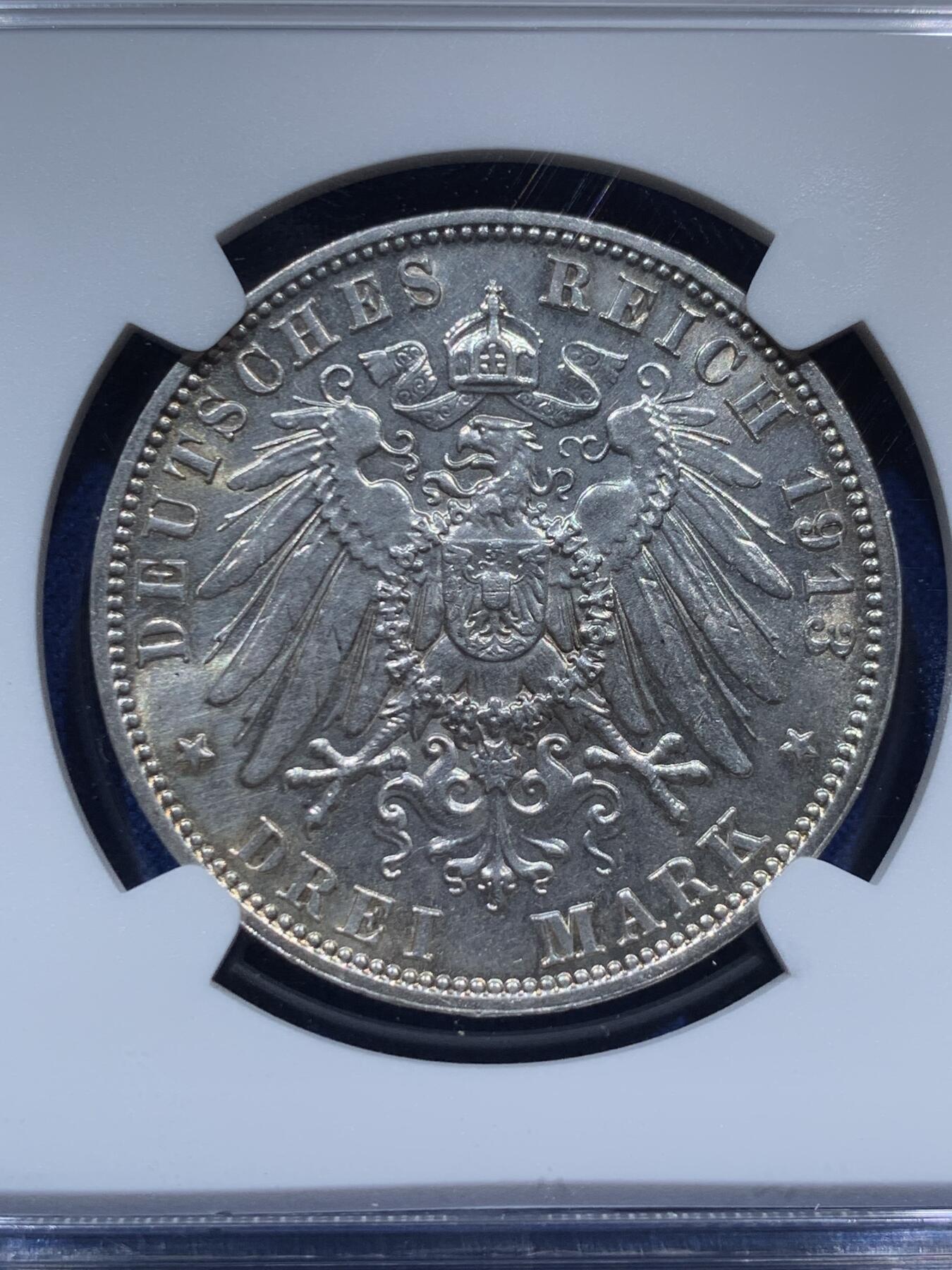 《竞宝斋》第347场 周日，周一，周二  3场连拍 （全场包邮） NGC UNCD 德国1913年萨克森莱比锡建功碑3马克银币 光度好