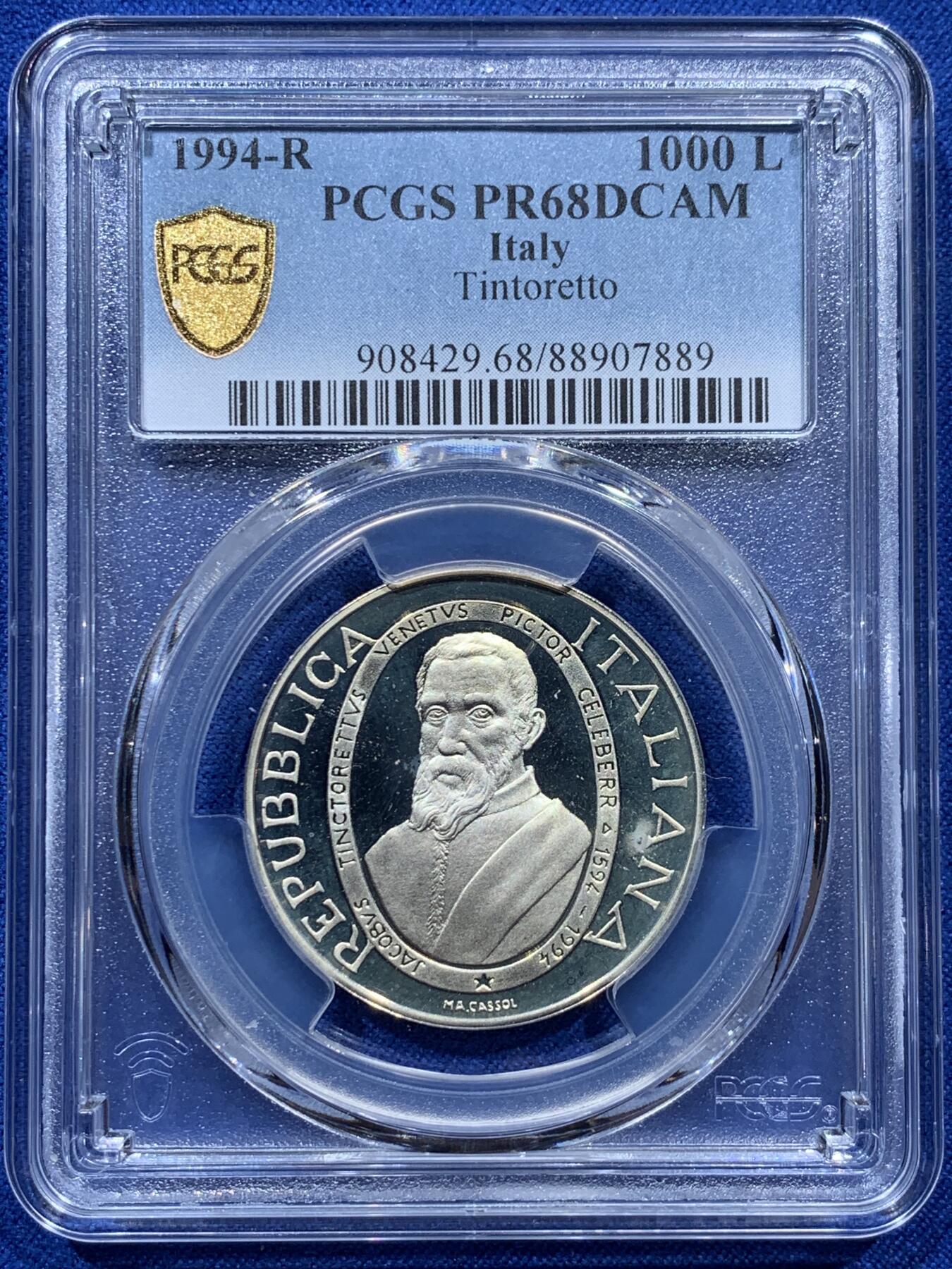 《竞宝斋》第347场 周日，周一，周二  3场连拍 （全场包邮） PCGS PR68DCAM 意大利1994年廷托雷托精制1000里拉纪念银币，稀少品种，克劳斯获奖币