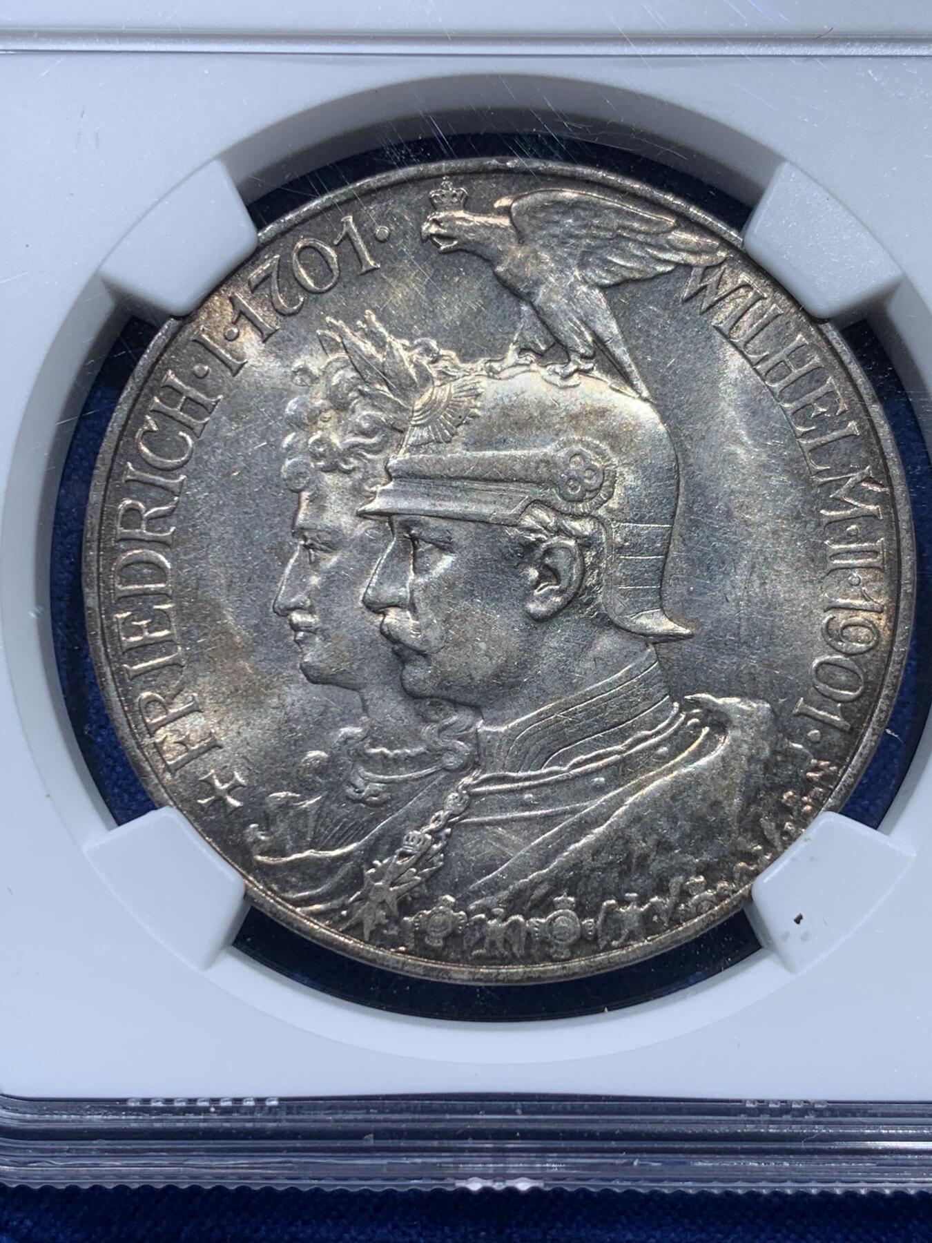 《竞宝斋》第347场 周日，周一，周二  3场连拍 （全场包邮） NGC MS61 德国 1901年A 建国 5马克 银币 底板转光，双面原味包浆，低评。