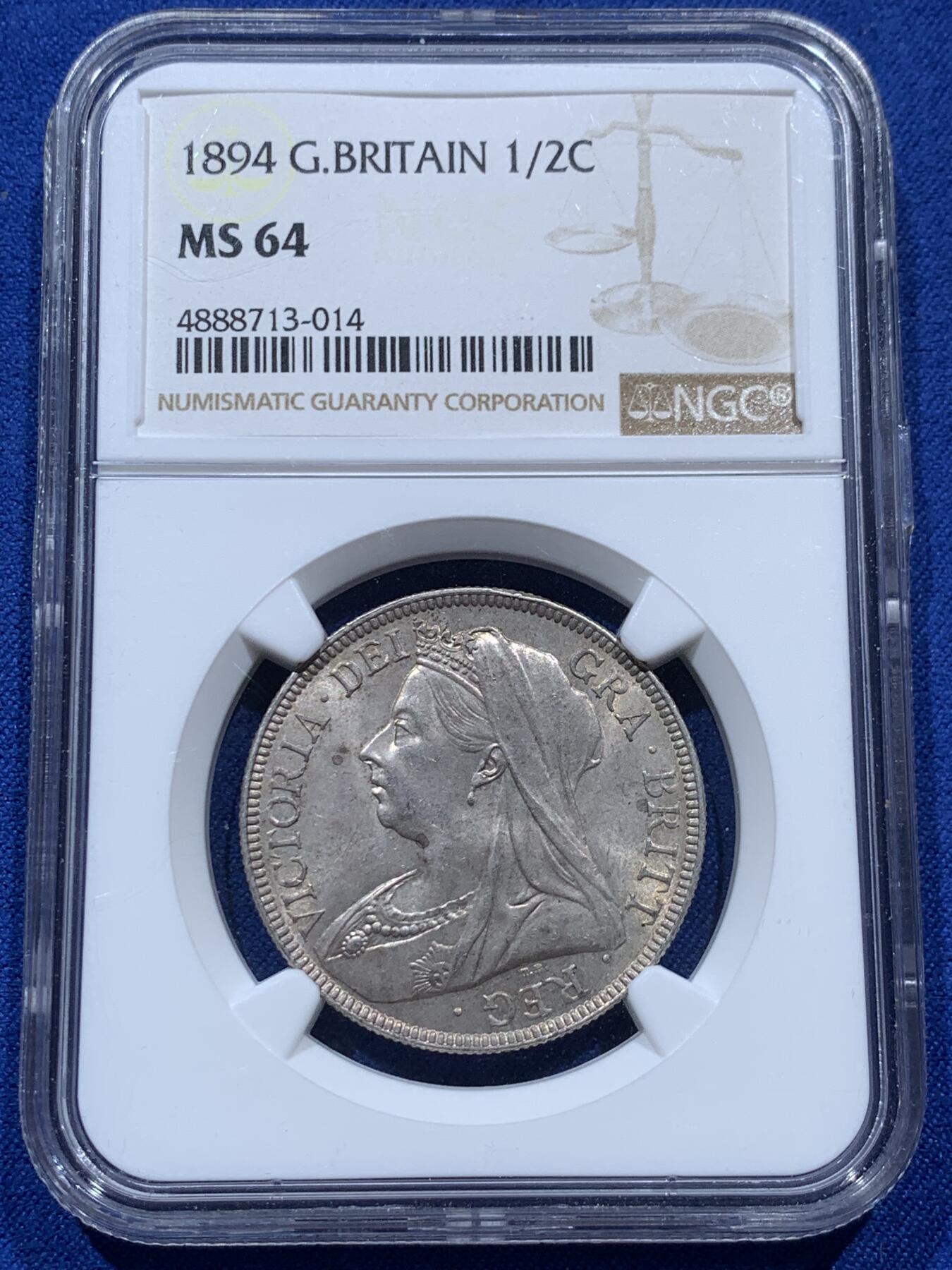 《竞宝斋》第347场 周日，周一，周二  3场连拍 （全场包邮） NGC MS64 英国 1894年 维多利亚 披纱版 半克朗  银币  少见年份