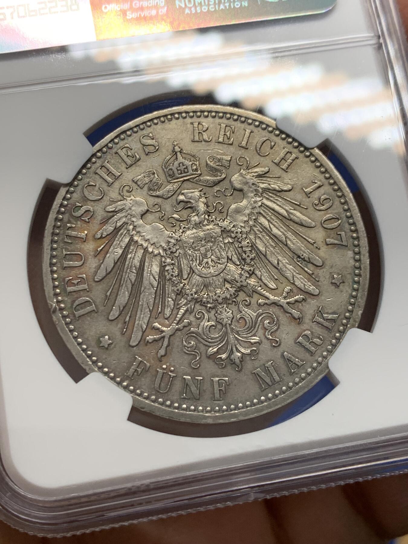 《竞宝斋》第347场 周日，周一，周二  3场连拍 （全场包邮） NGC AUD 德国1907年普鲁士威廉二世5马克银币 底光好 细节好