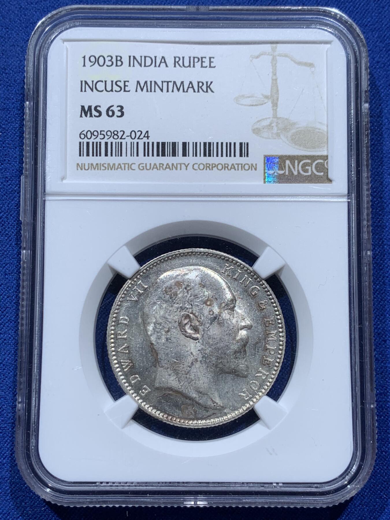 《竞宝斋》第347场 周日，周一，周二  3场连拍 （全场包邮） NGC MS63 英属印度 1903年 爱德华七世 1卢比 银币