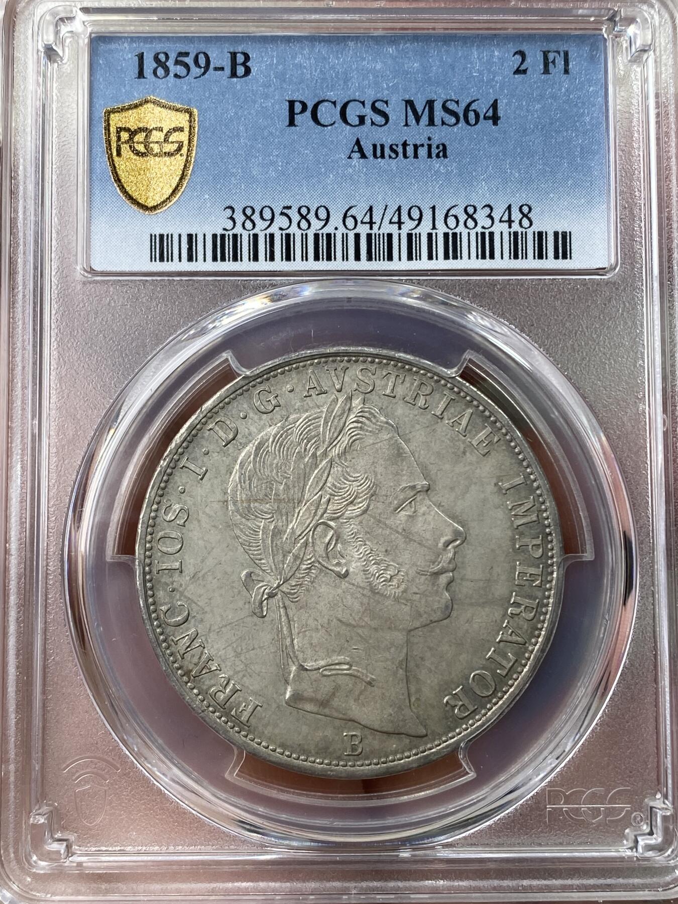 万国钱币拍卖第041期 PCGS MS64 1859奥地利弗朗茨约瑟夫2福林大银 早期年轻版头像 流通异常充分的品种 好品极难 原味淡彩 PC唯一冠军分