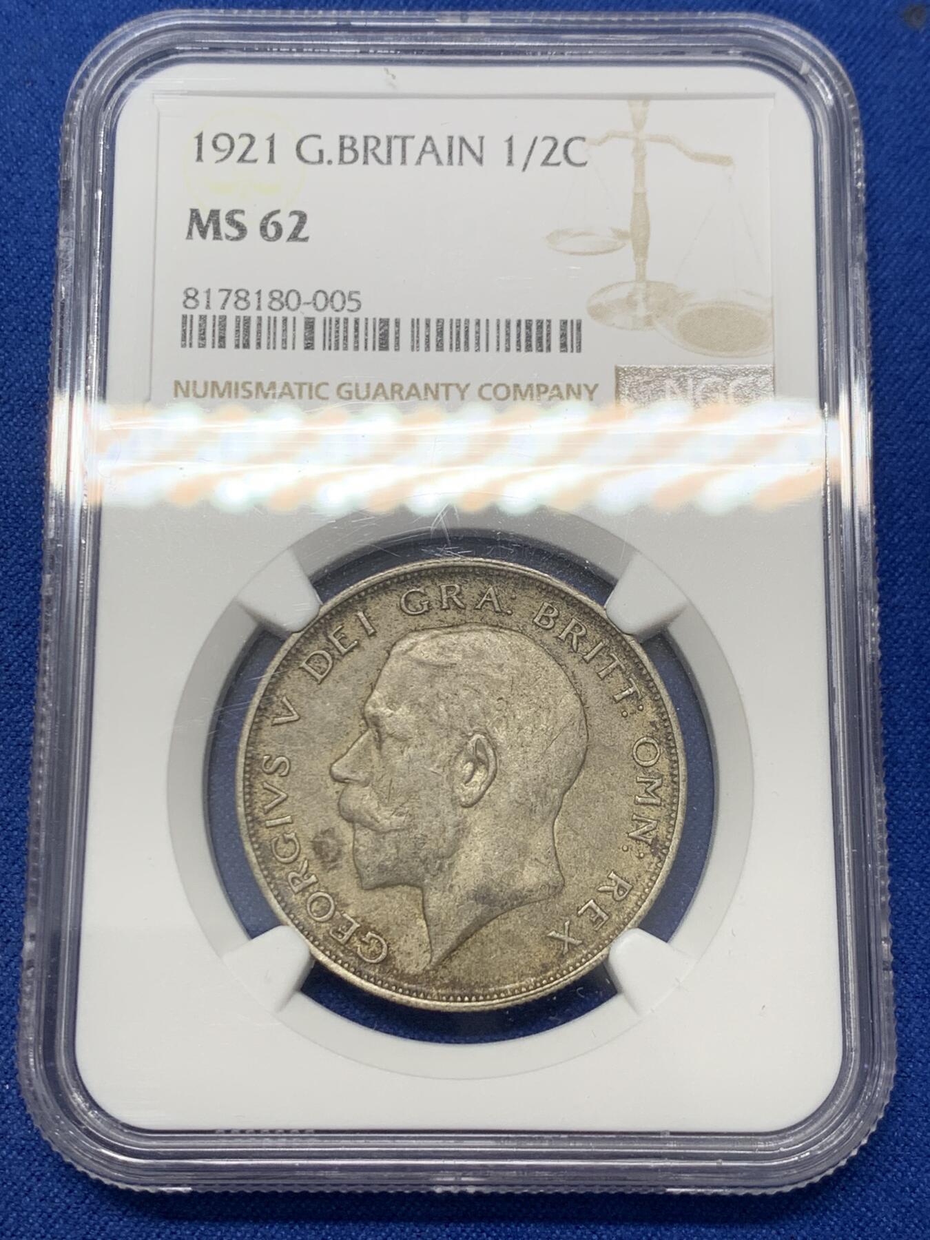 《竞宝斋》第347场 周日，周一，周二  3场连拍 （全场包邮） NGC MS62 英国1921年乔五半克朗银币，重口味包浆，味道好
