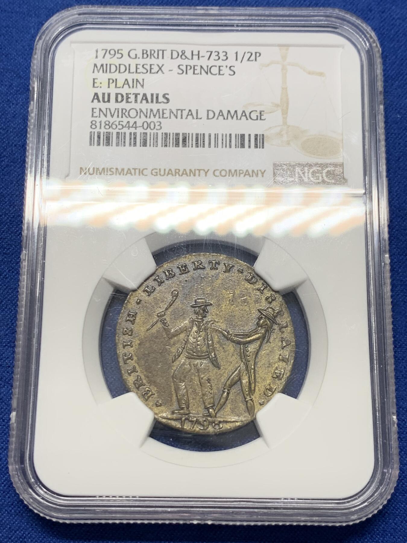 《竞宝斋》第347场 周日，周一，周二  3场连拍 （全场包邮） NGC AUD 英国1795年1/2便士代用币
