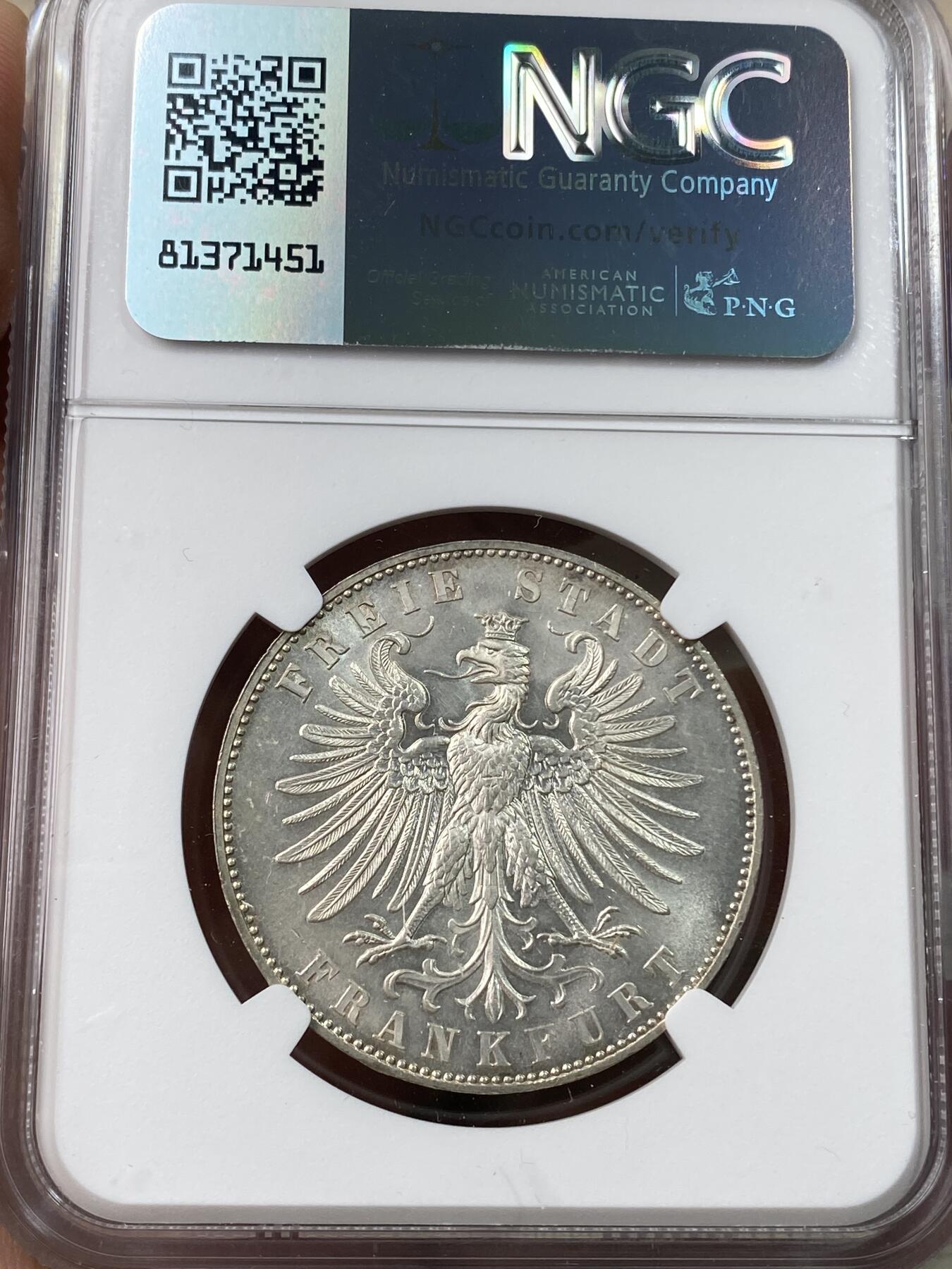 万国钱币拍卖第041期 NGC MS63 1862年德国法兰克福射击节少女泰勒 银光溢出丝滑纵享