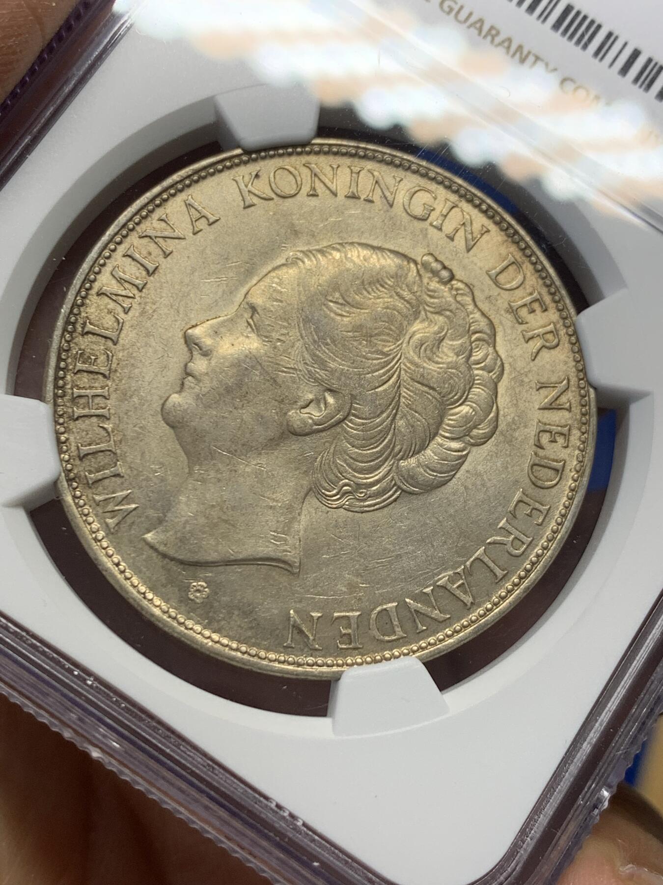 《竞宝斋》第347场 周日，周一，周二  3场连拍 （全场包邮） NGC AU58 荷兰1937年威廉敏娜女王2.5G银币