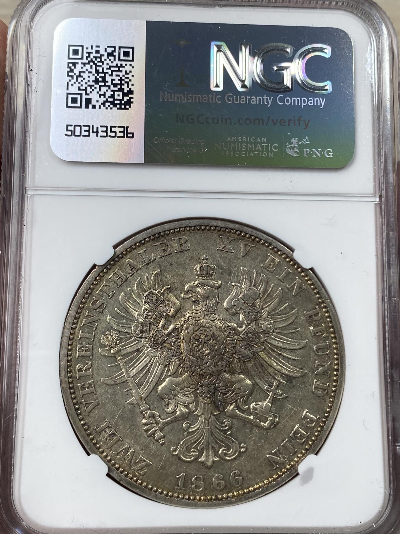 万国钱币拍卖第041期 NGC AU55 1866年德国普鲁士威廉一世大鸟盾徽流通2泰勒 威廉一世2t除了1867C外好品都非常难得，原味金彩裹身