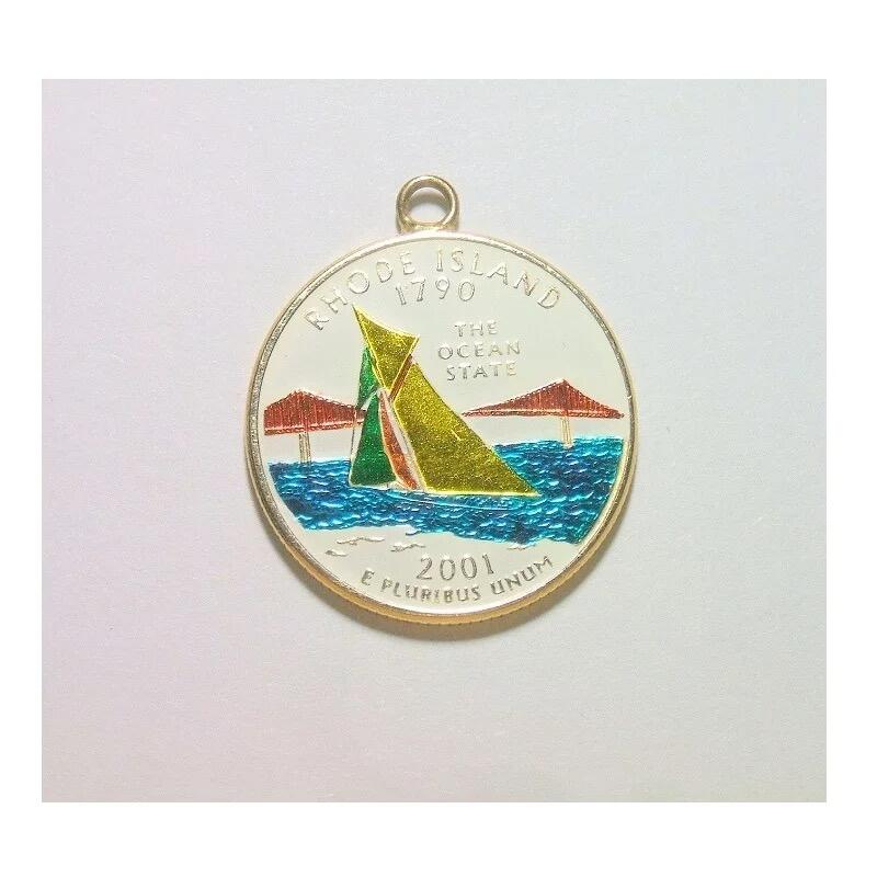 美国2001年罗德岛 华盛顿琅彩镀金高浮雕精制币章吊坠 25MM