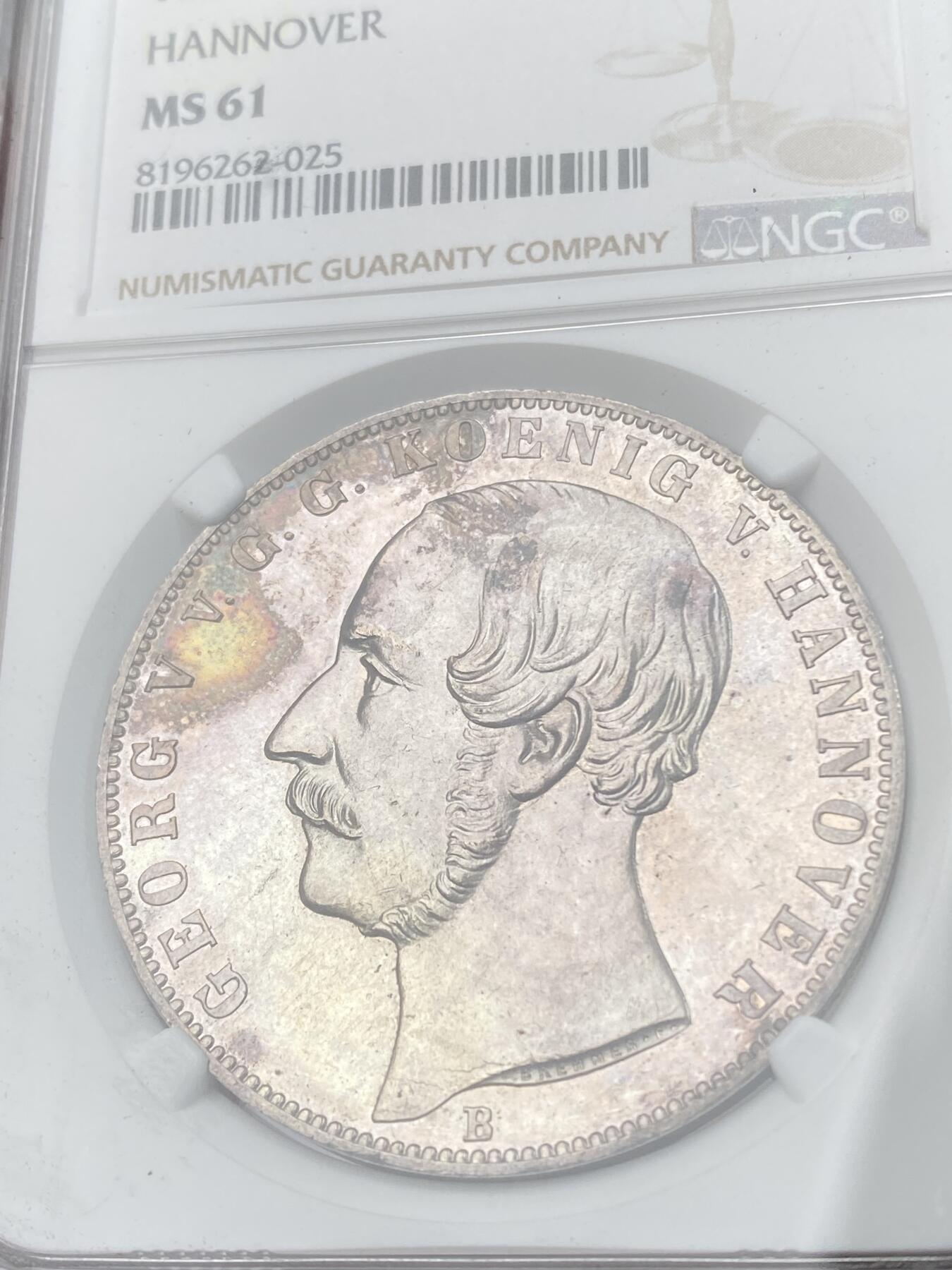 万国钱币拍卖第041期 NGC MS61 1862年德国汉诺威乔治五世狮马盾徽流通2泰勒 光泽细腻淡五彩环绕 打制深俊