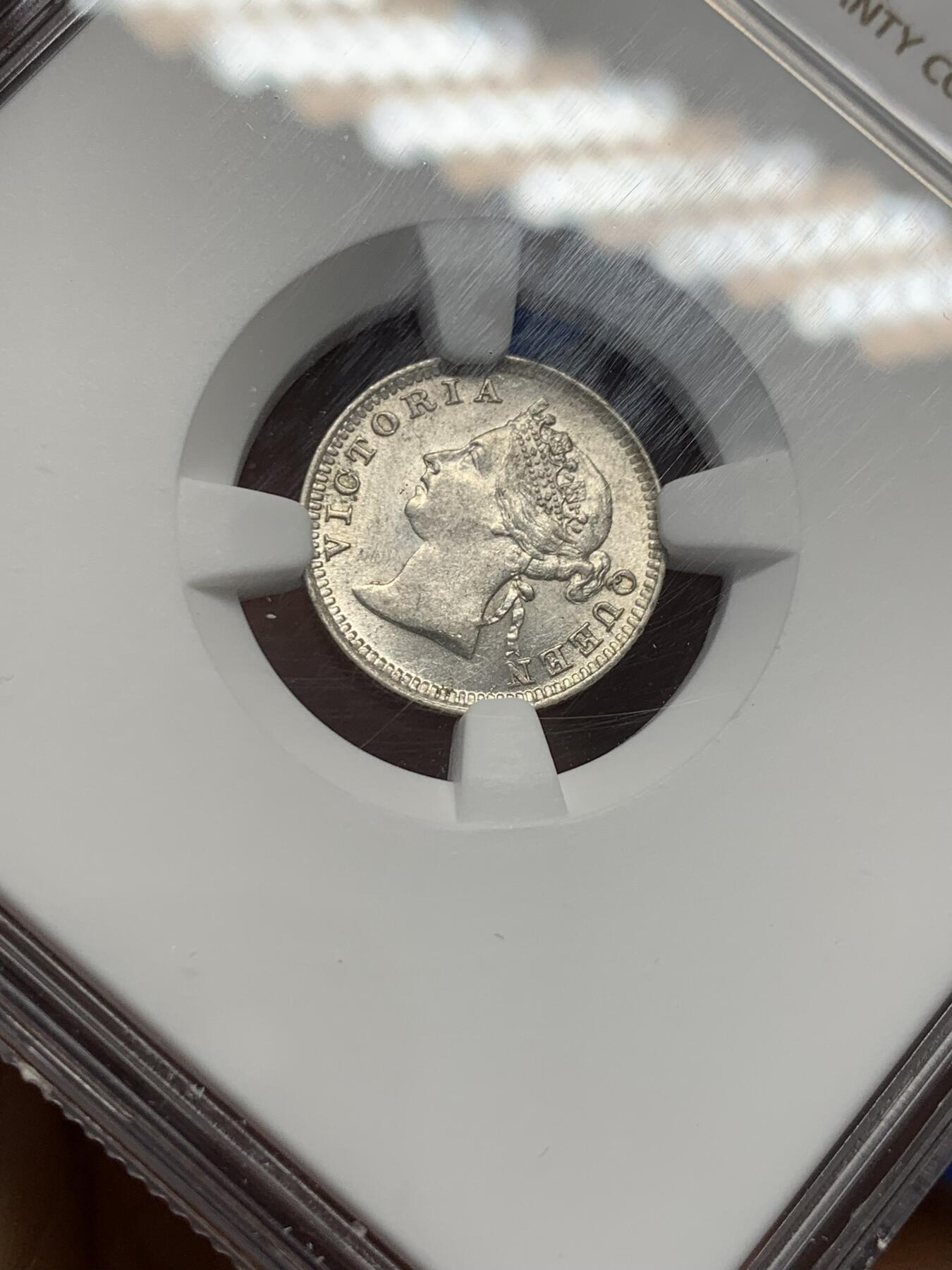 《竞宝斋》第347场 周日，周一，周二  3场连拍 （全场包邮） NGC MS62 香港1899年维多利亚女王五仙小银币  银光状态