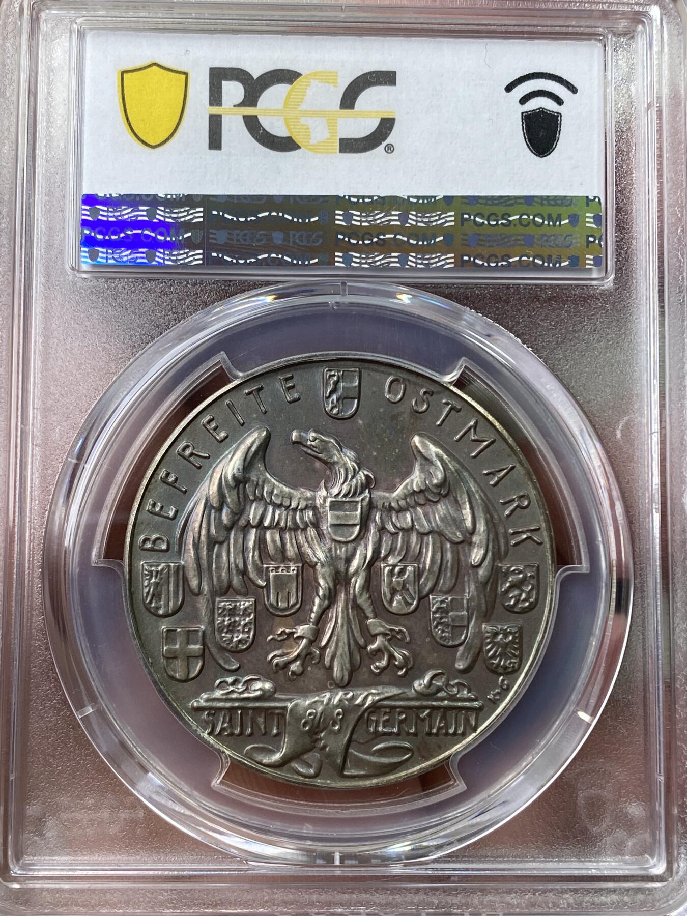 万国钱币拍卖第041期 PCGS SP64 1938年德国民族社会主义工人党占领奥地利纪念银章 奥地利盾徽在帝国鹰的庇护下实现民族大一统 哥茨名品顶级品质