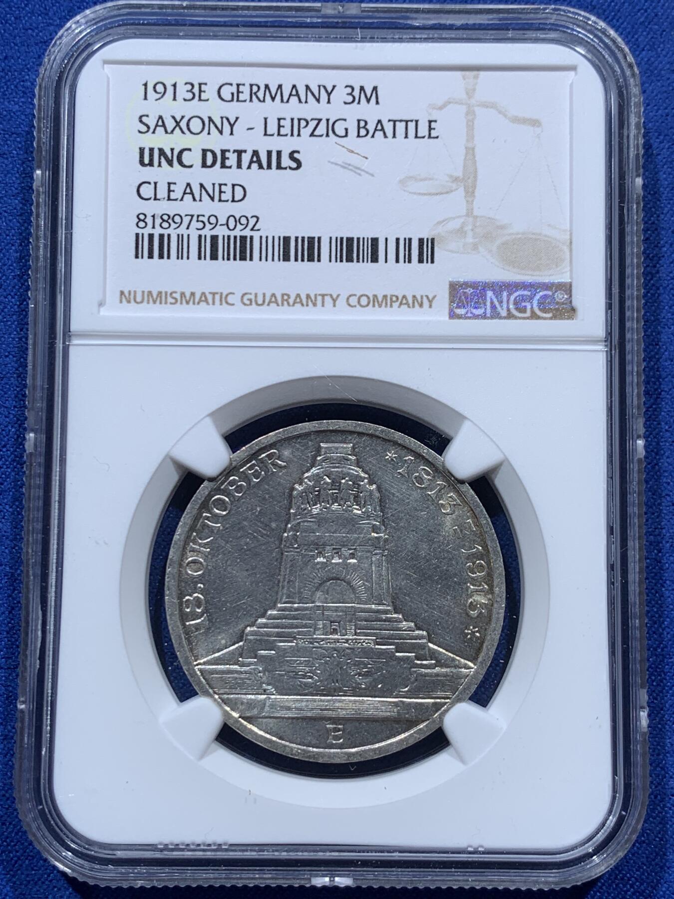 《竞宝斋》第347场 周日，周一，周二  3场连拍 （全场包邮） NGC UNCD 德国1913年萨克森莱比锡建功碑3马克银币 光度好