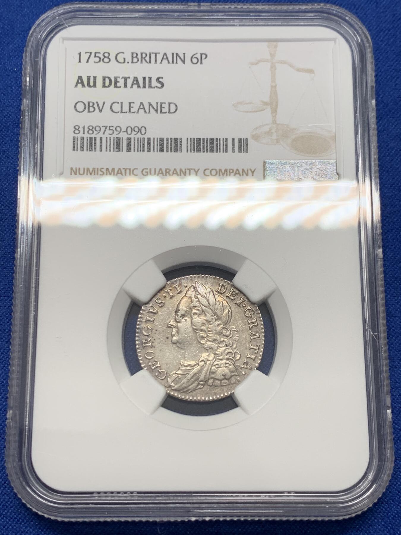 《竞宝斋》第347场 周日，周一，周二  3场连拍 （全场包邮） NGC AUD 1758年英国乔治二世6便士银币 没分有点可惜了