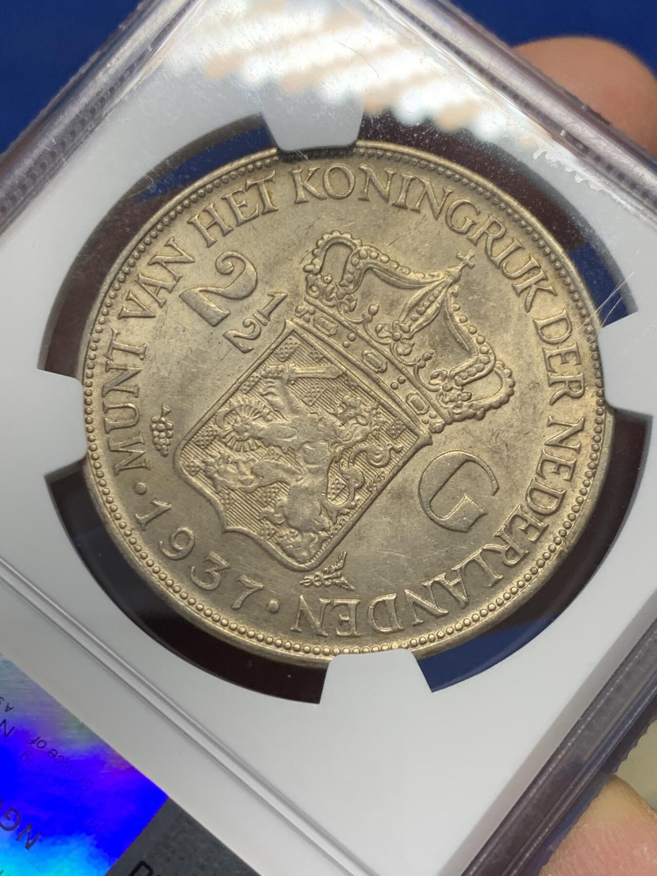 《竞宝斋》第347场 周日，周一，周二  3场连拍 （全场包邮） NGC AU58 荷兰1937年威廉敏娜女王2.5G银币
