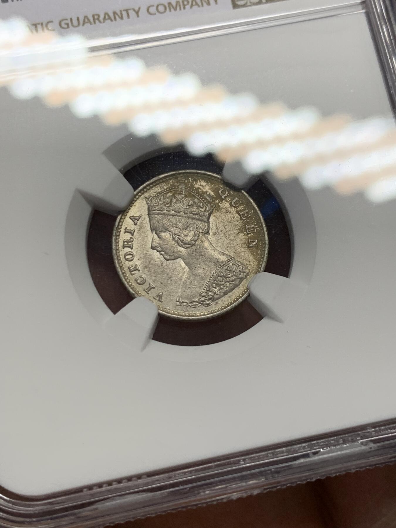 《竞宝斋》第347场 周日，周一，周二  3场连拍 （全场包邮） NGC UNC 香港 1897年 维多利亚 一毫 银币 光度不错