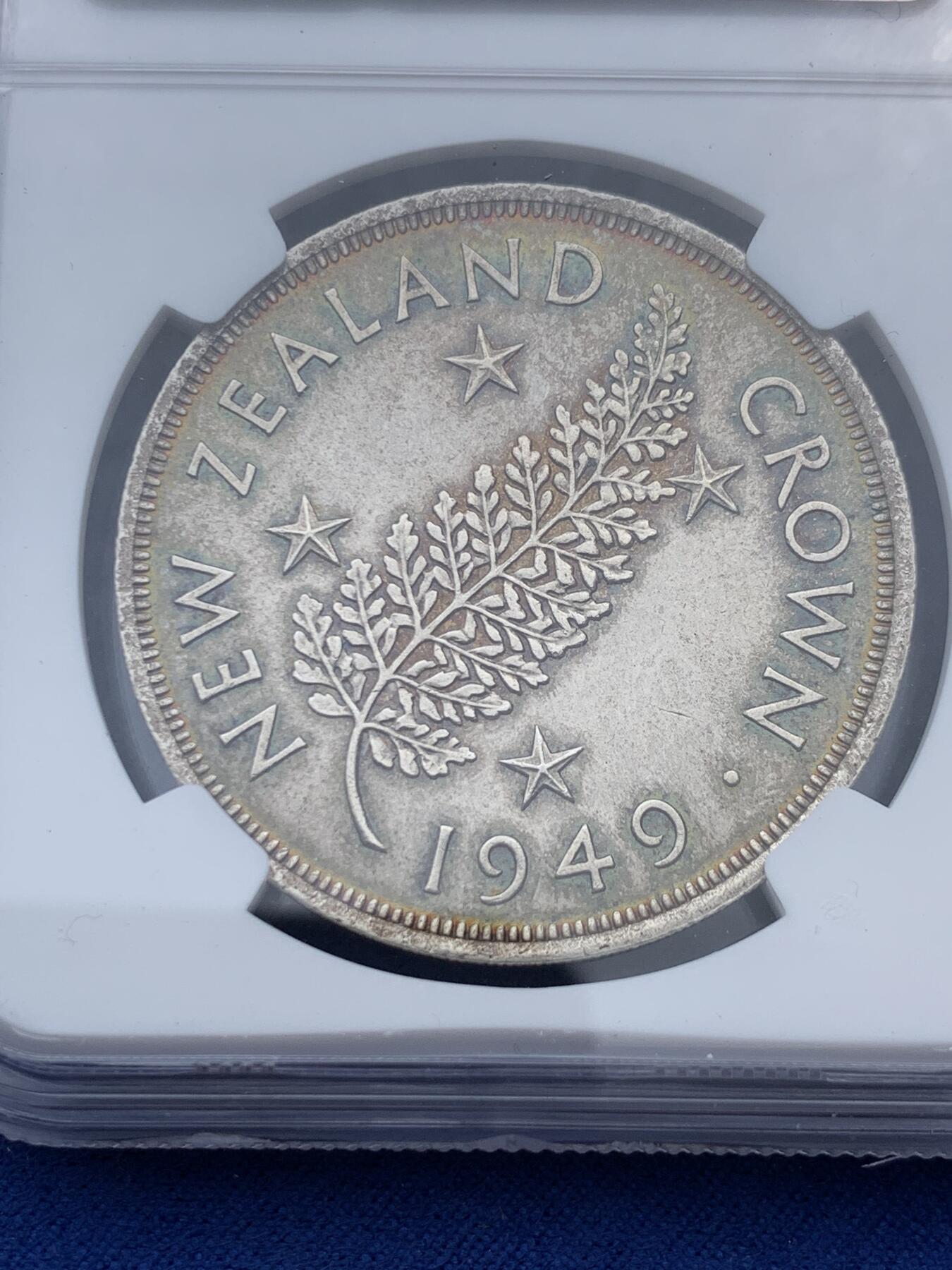 《竞宝斋》第347场 周日，周一，周二  3场连拍 （全场包邮） NGC MS62 新西兰1949年乔治六世1克朗大银币，拟定皇室访问纪念。